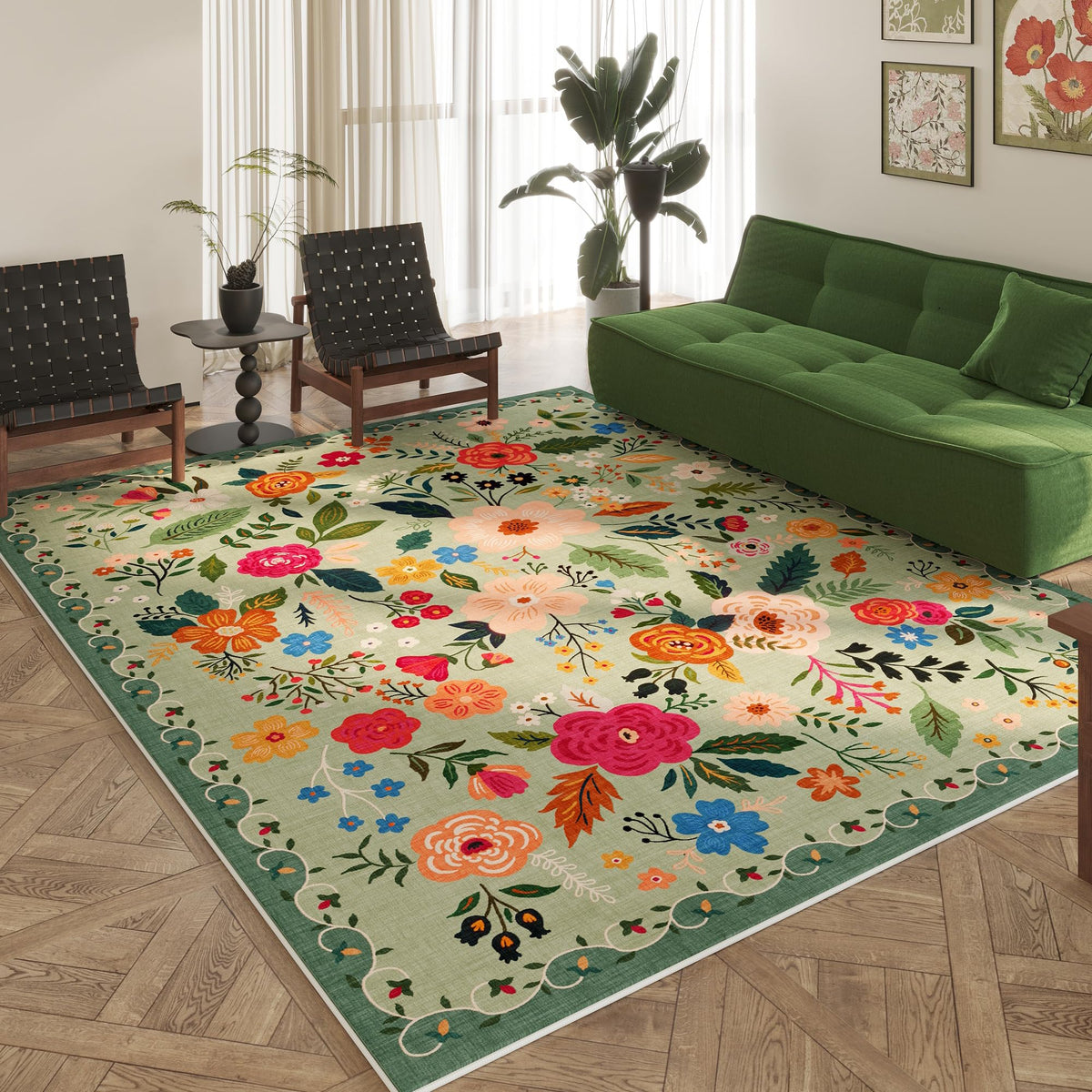 Rugcomf Living Room Rug 5x7 Rug Machine Washable Boho Area Rug Non Slip Floral Vintage Low Pile Large Rugs for Living Room, Bedroom, Farmhouse, Dining Room, Kids Playroom(Black)