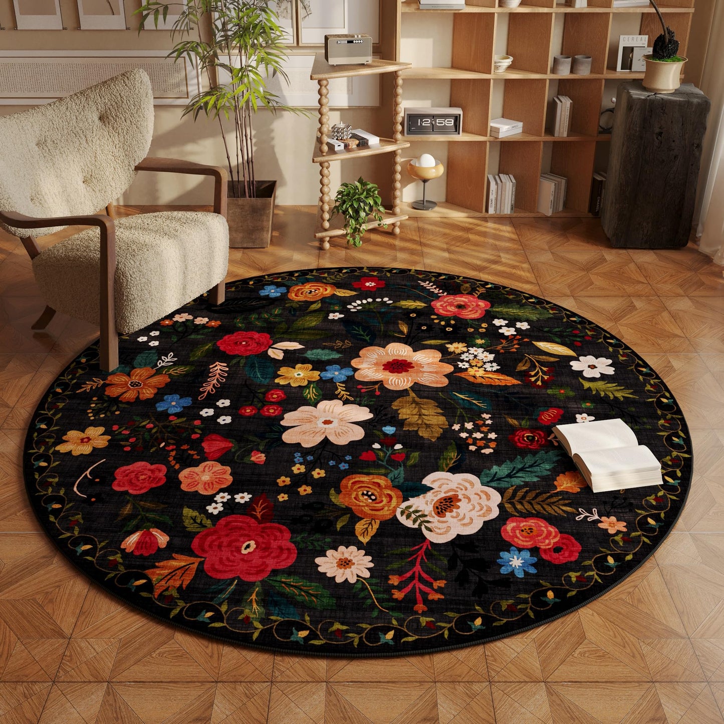 Rugcomf Living Room Rug 5x7 Rug Machine Washable Boho Area Rug Non Slip Floral Vintage Low Pile Large Rugs for Living Room, Bedroom, Farmhouse, Dining Room, Kids Playroom(Black)