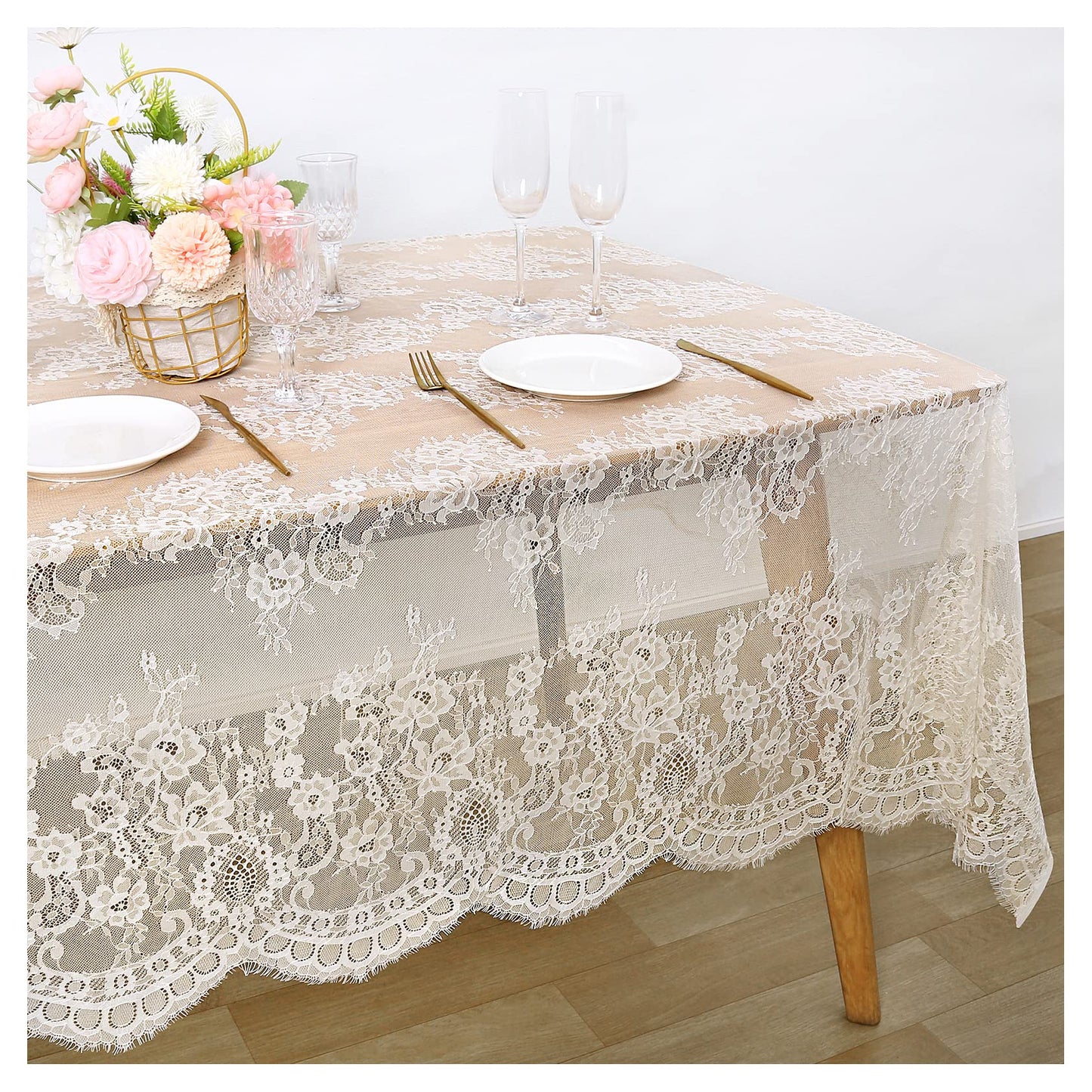 Fanqisi Ivory Lace Tablecloth 60x120 Inches Classic Wedding Lace Tablecloths Overlay Party Table Cover for Bridal Shower Reception Table Decoration