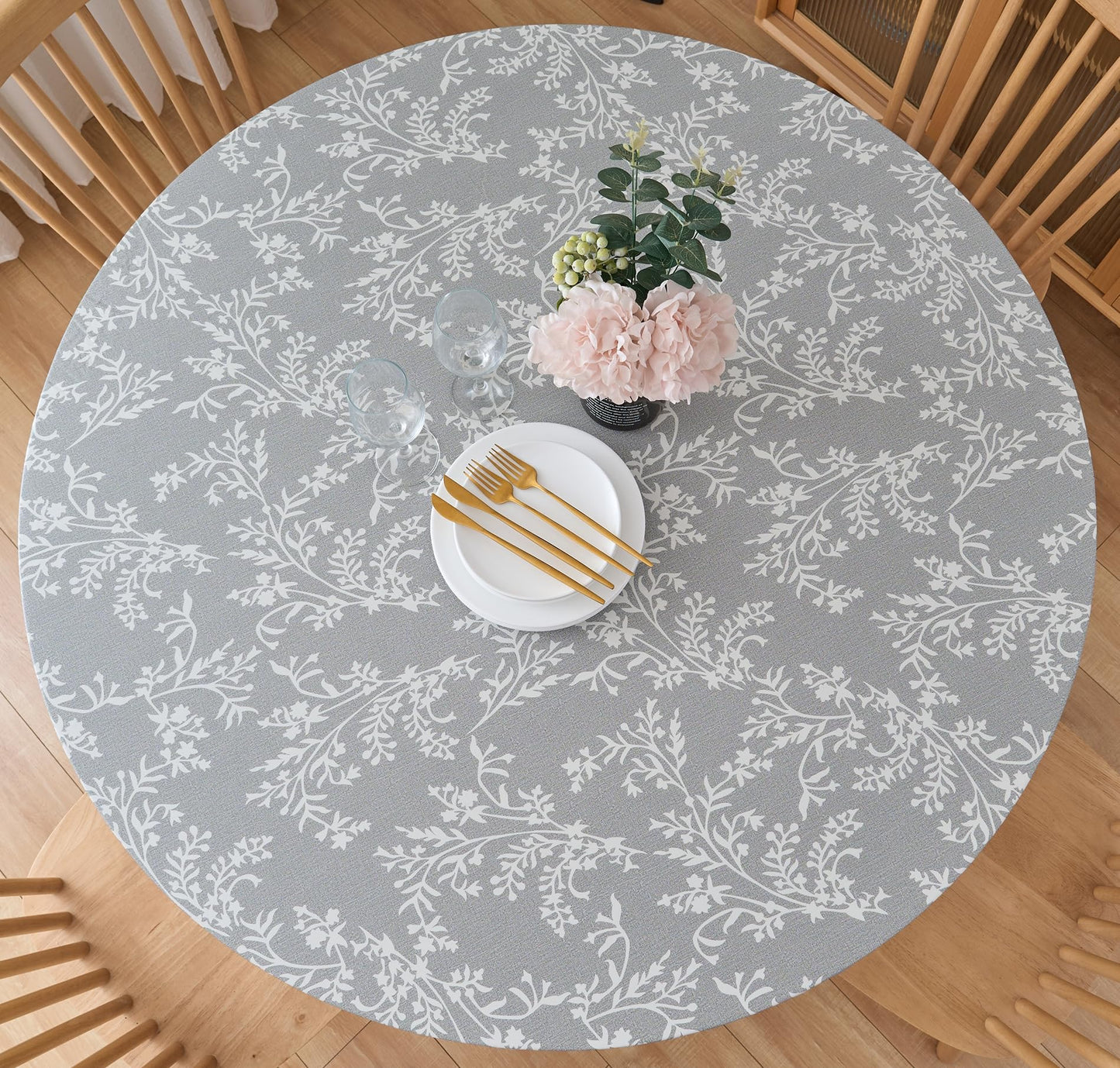 Pioggia Round Vinyl Fitted Tablecloth with Flannel Backing Elastic Table Cloth Waterproof Oil-Proof Plastic Table Cover Best for 45"-56" Round