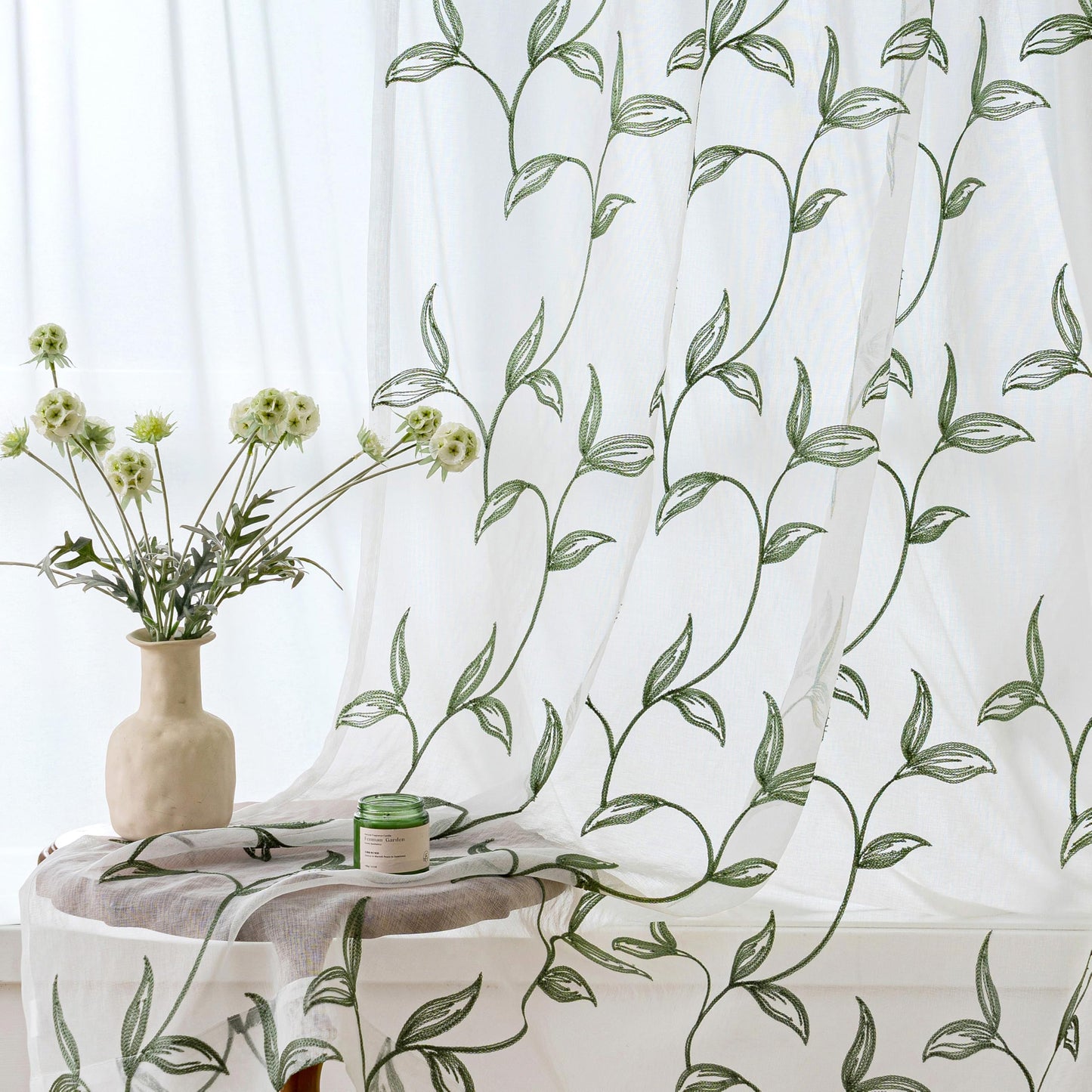 Sheer Curtains Boho Leaf Floral Embroidered Cream Beige 54Wx84L | Light Filtering Semi Sheer Voile Curtains With Design, Rod Pocket Window Drapes for Bedroom Living Room 2 Panels