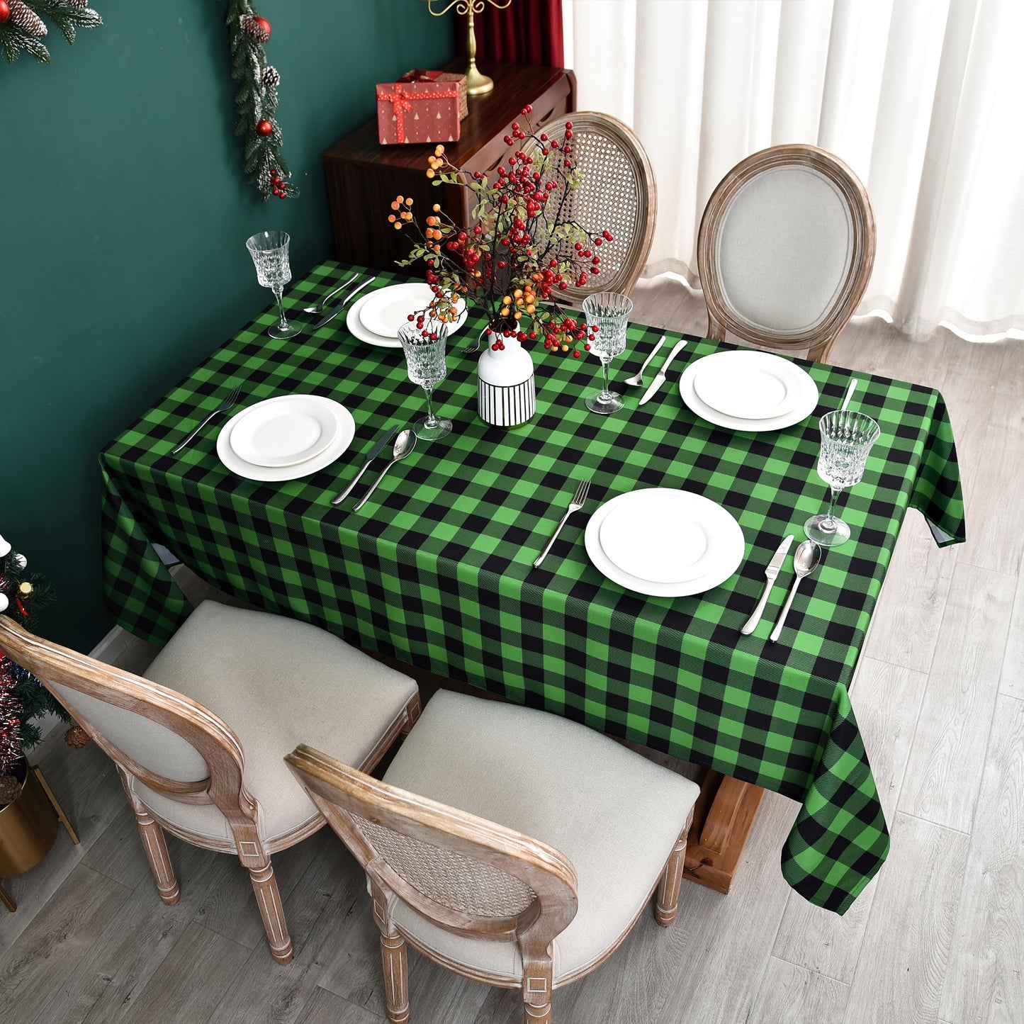 Waterproof Checkered Tablecloth Fabric - Rectangle 58x84 Inch Classic Gingham Buffalo Plaid Table Cloth for Indoor/Outdoor Use - Washable Table Cover for Kitchen, BBQs, and Parties
