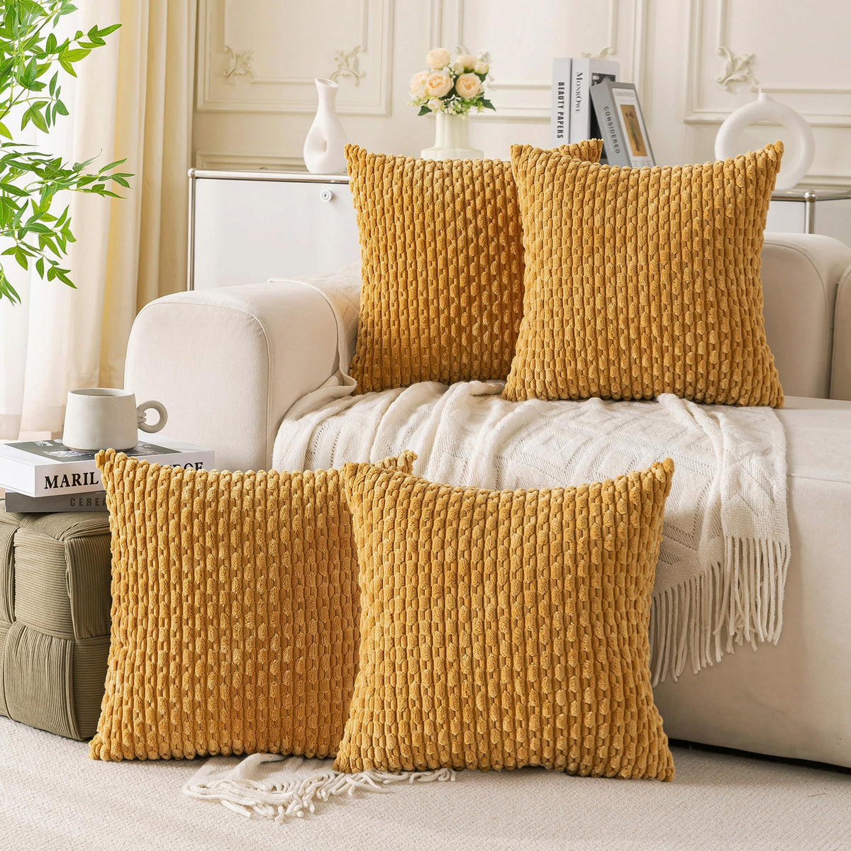 Set of 4 Neutral Decorative Throw Pillow Covers 18x18 Inch Corduroy Pillow Covers for Bed Couch Sofa Living Room Soft Square Cushion Cases