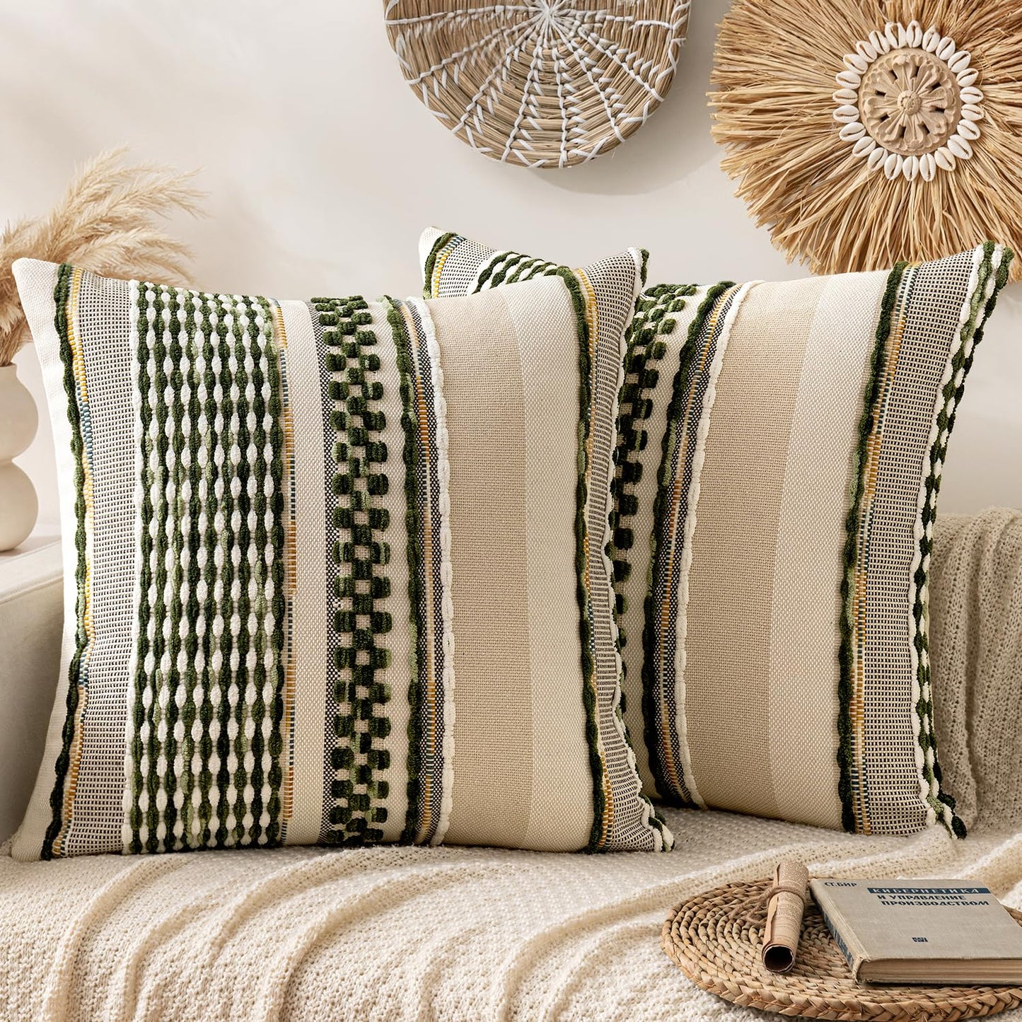 ANRODUO Boho Decorative Pillow Covers Olive Green Stripe 18x18 Pack of 2 | Throw Pillow Covers, Farmhouse Cushion Case, Chenille Pillow Cases, Pillow Covers, Accent Neutral Pillowcase for Couch Bed