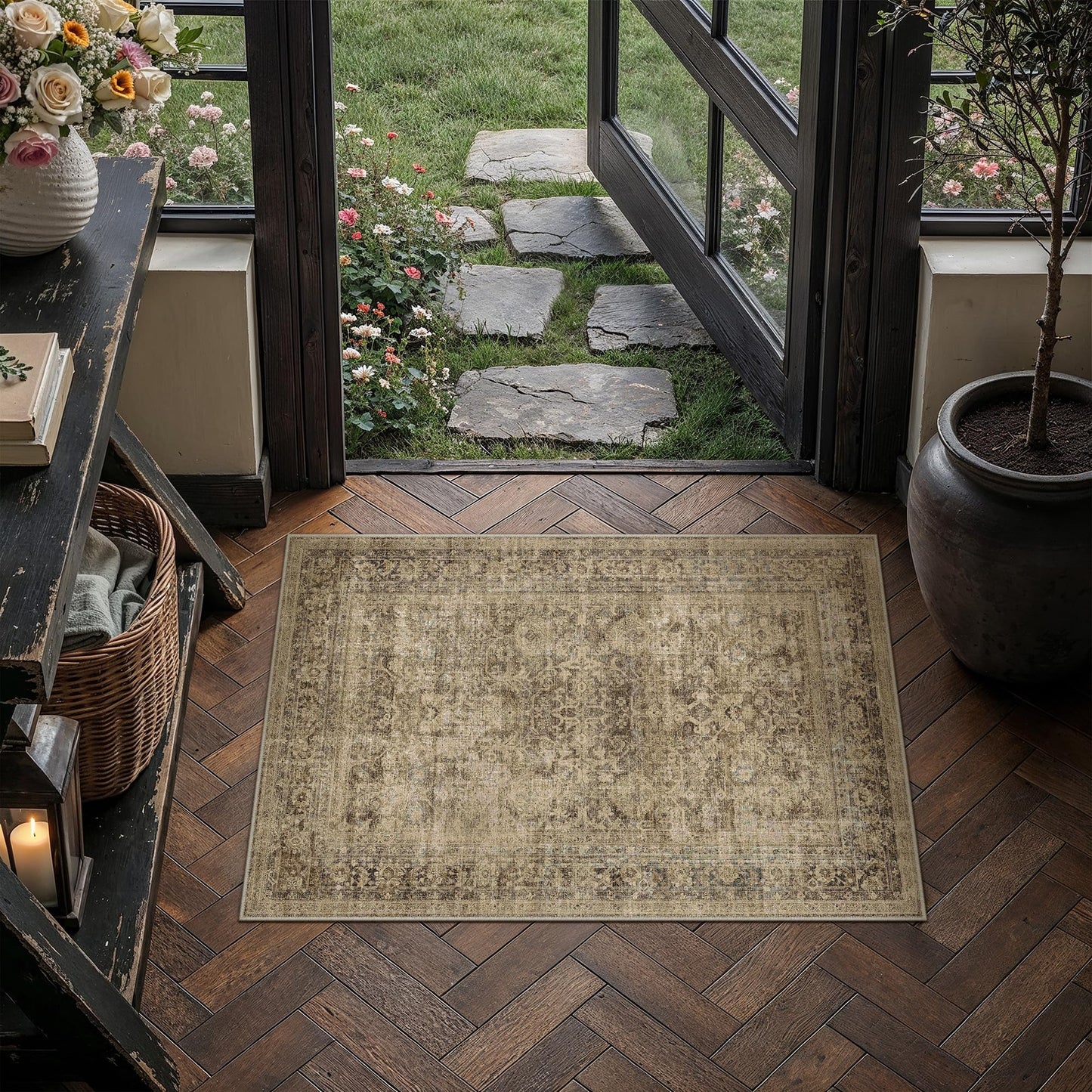 8x10 Area Rug Brown Vintage Distressed Carpet | Washable, Non Slip, Soft Low Pile, Indoor Retro Rugs for Large Living Room, Dining Room, Bedroom
