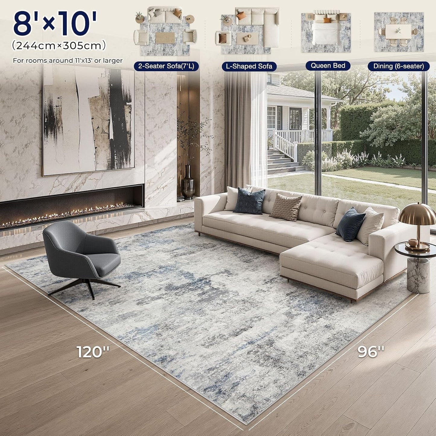 DMOYEST 8x10 Area Rug for Living Room Washable Abstract Indoor Carpet | Neutral Modern Low Pile Rugs Kid & Pet Friendly Large Soft Thin Carpet for Bedroom Dining Room - Grey Blue