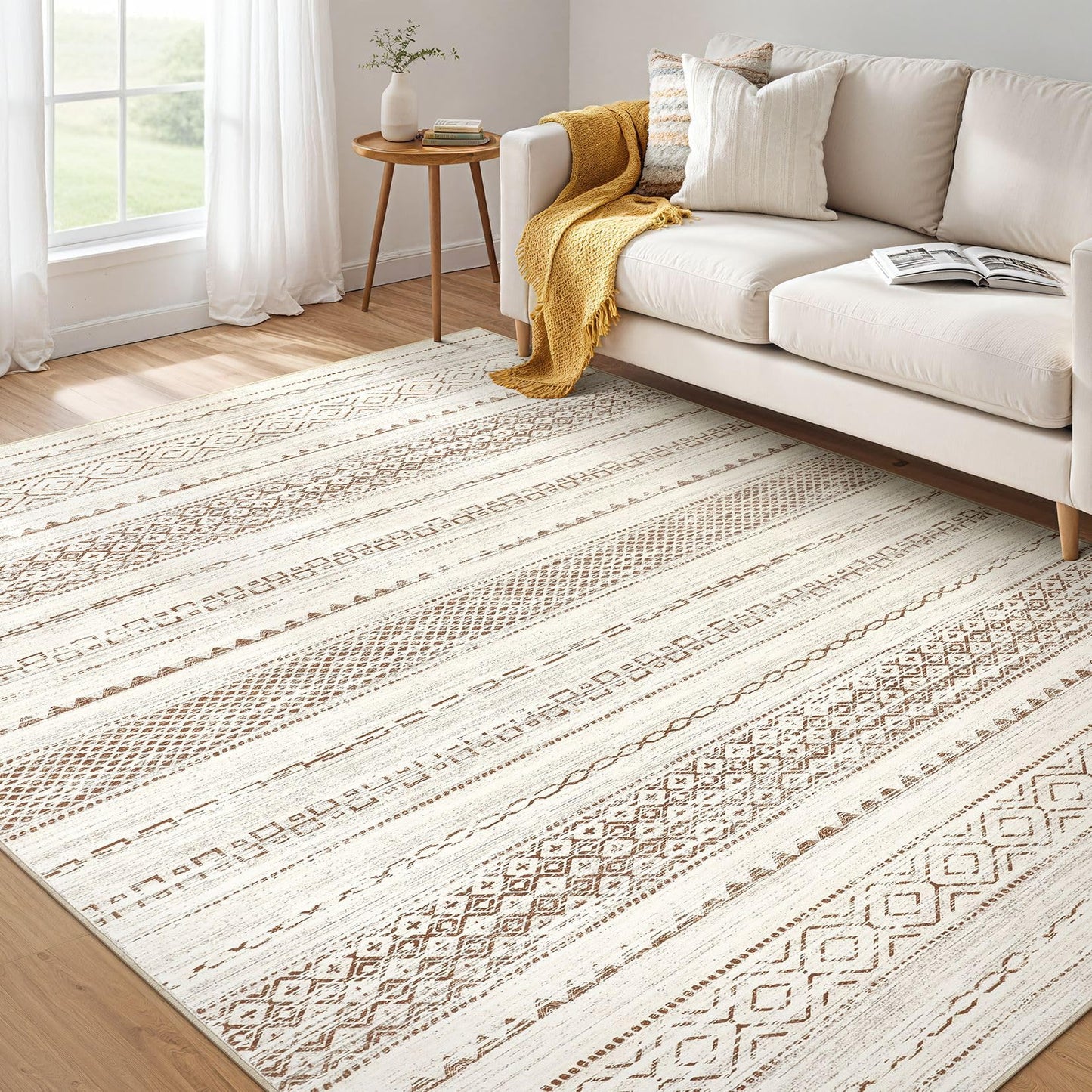 Nakagishi Boho 5x7 Area Rug Living Room Rugs Machine Washable Beige/Brown | Soft, Pet & Kid Friendly, Carpet for Living Room/Bedroom/Office/Kitchen/Nursery, Daily Home Decor Stain Resistant Moroccan