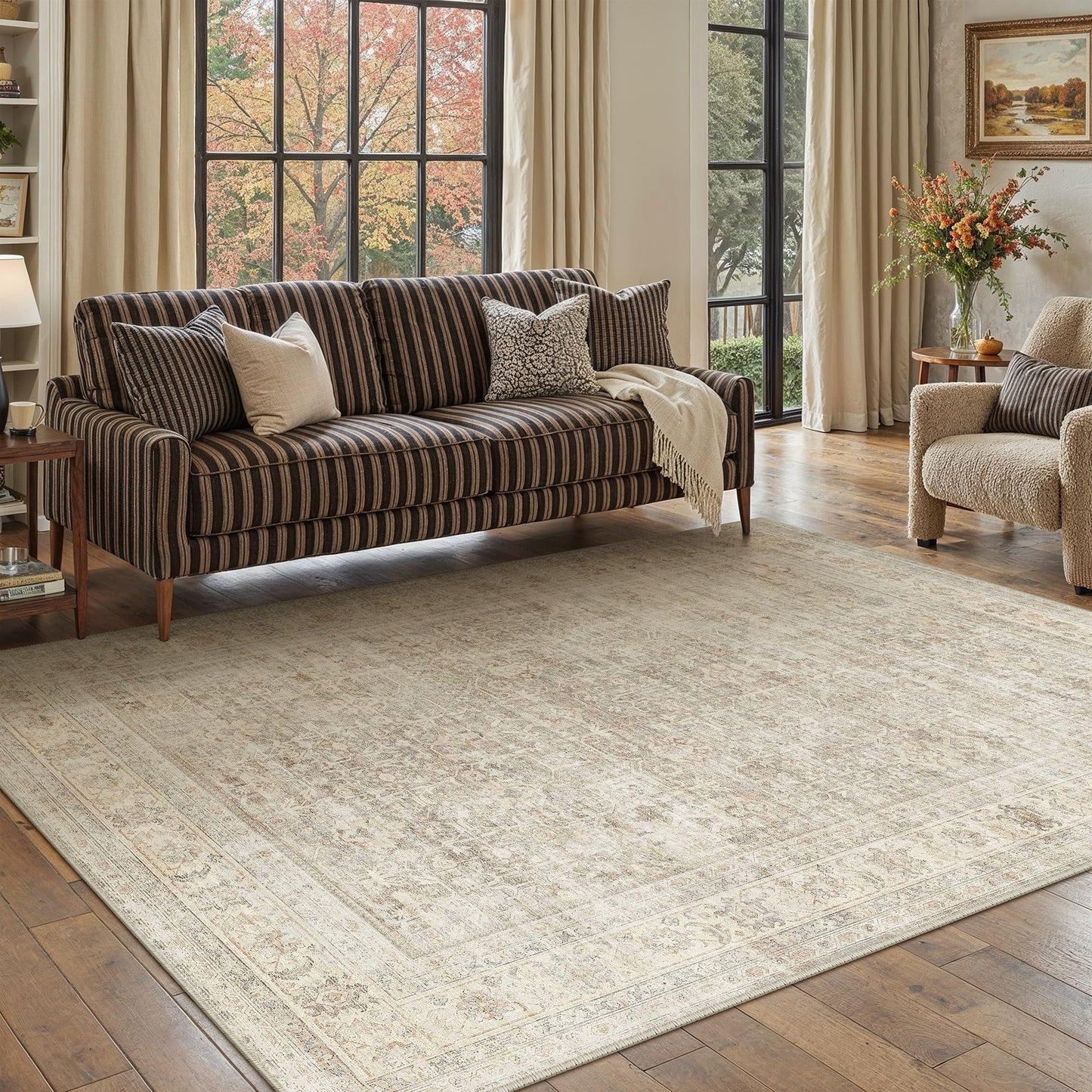 8x10 Area Rug Brown Vintage Distressed Carpet | Washable, Non Slip, Soft Low Pile, Indoor Retro Rugs for Large Living Room, Dining Room, Bedroom