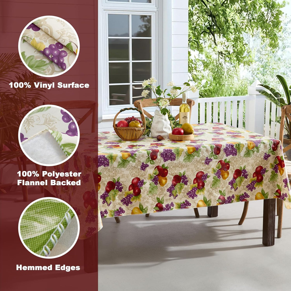 Newbridge Avalon Fresh Ripe Fruit 52”x52” Square Vinyl Tablecloth | Apples, Peaches, Pear and Grape Fruit Print Indoor Outdoor Waterproof Easy Care Vinyl Table Cover with Flannel Backing