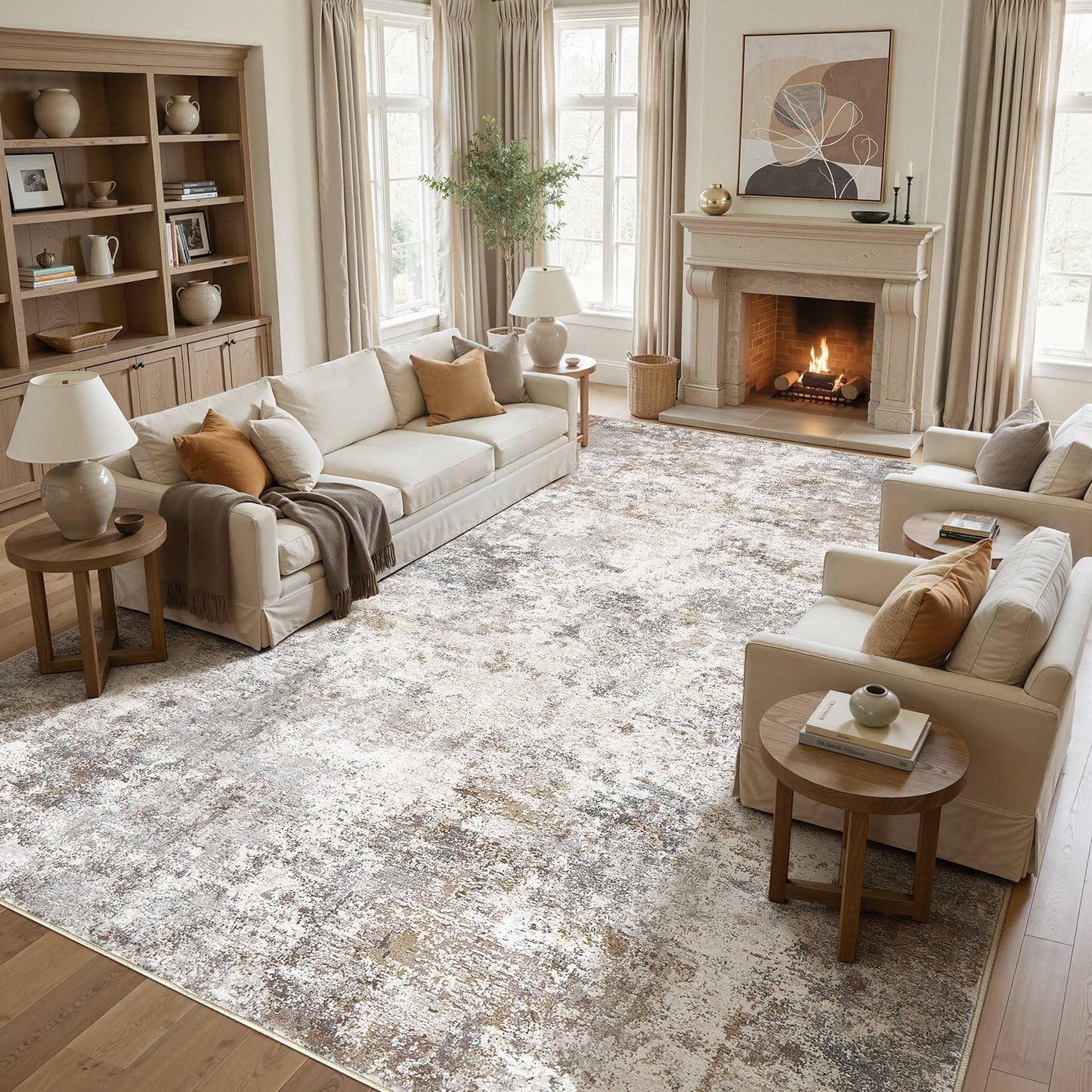 UERMEI 9x12 Area Rug Living Room Rugs - Washable Neutral Modern Abstract Soft Thin Large Rug Indoor Floor No Slip Rug Carpet for Bedroom Under Dining Table Home Office Decor - Brown Grey