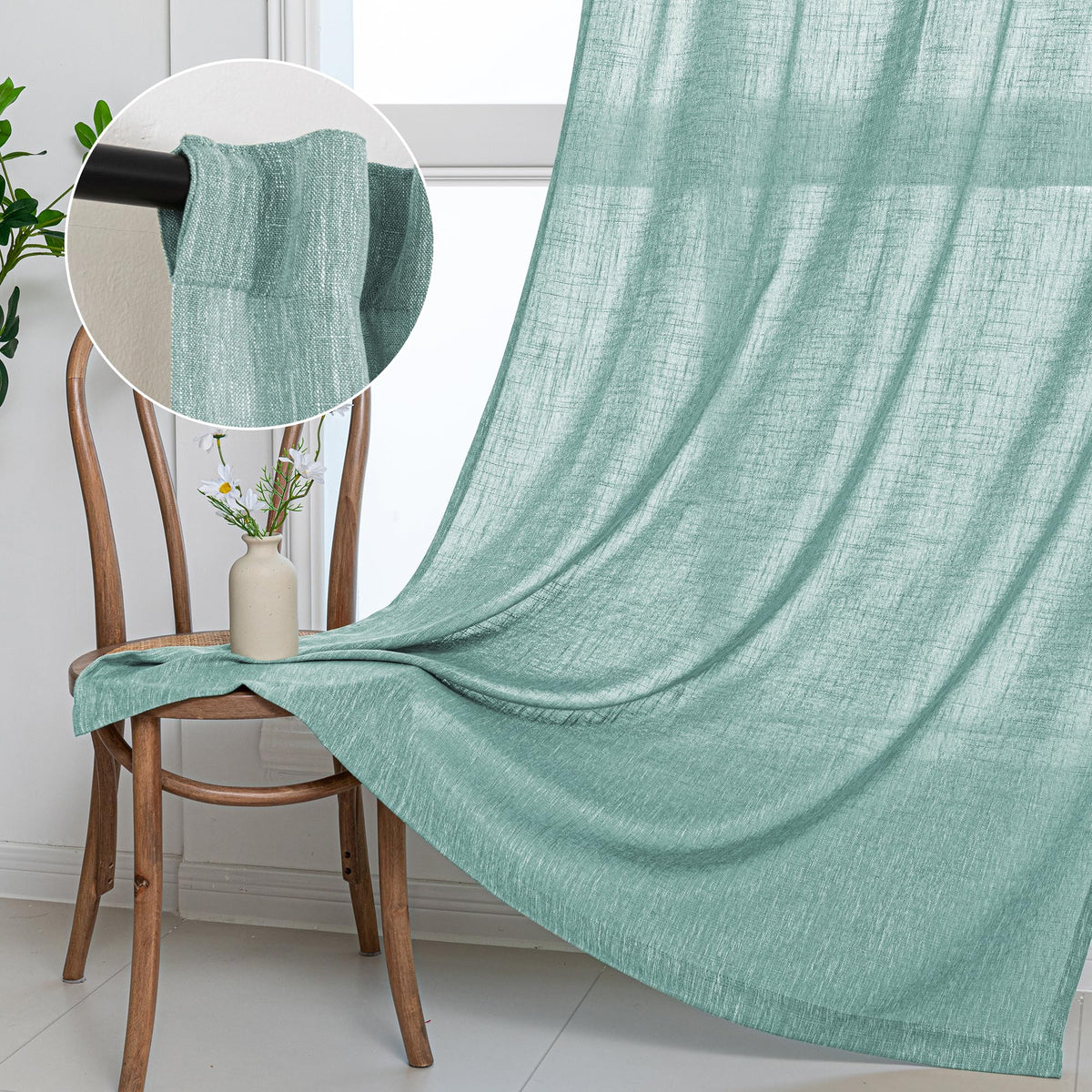 MYSKY HOME Linen Curtains for Living Room, Natural Semi Sheer Curtains & Drapes 84 inches Length 2 Panels Set Farmhouse Country Boho Style Back Tab Draperies for Sliding Glass Door, 50" Wide, Linen