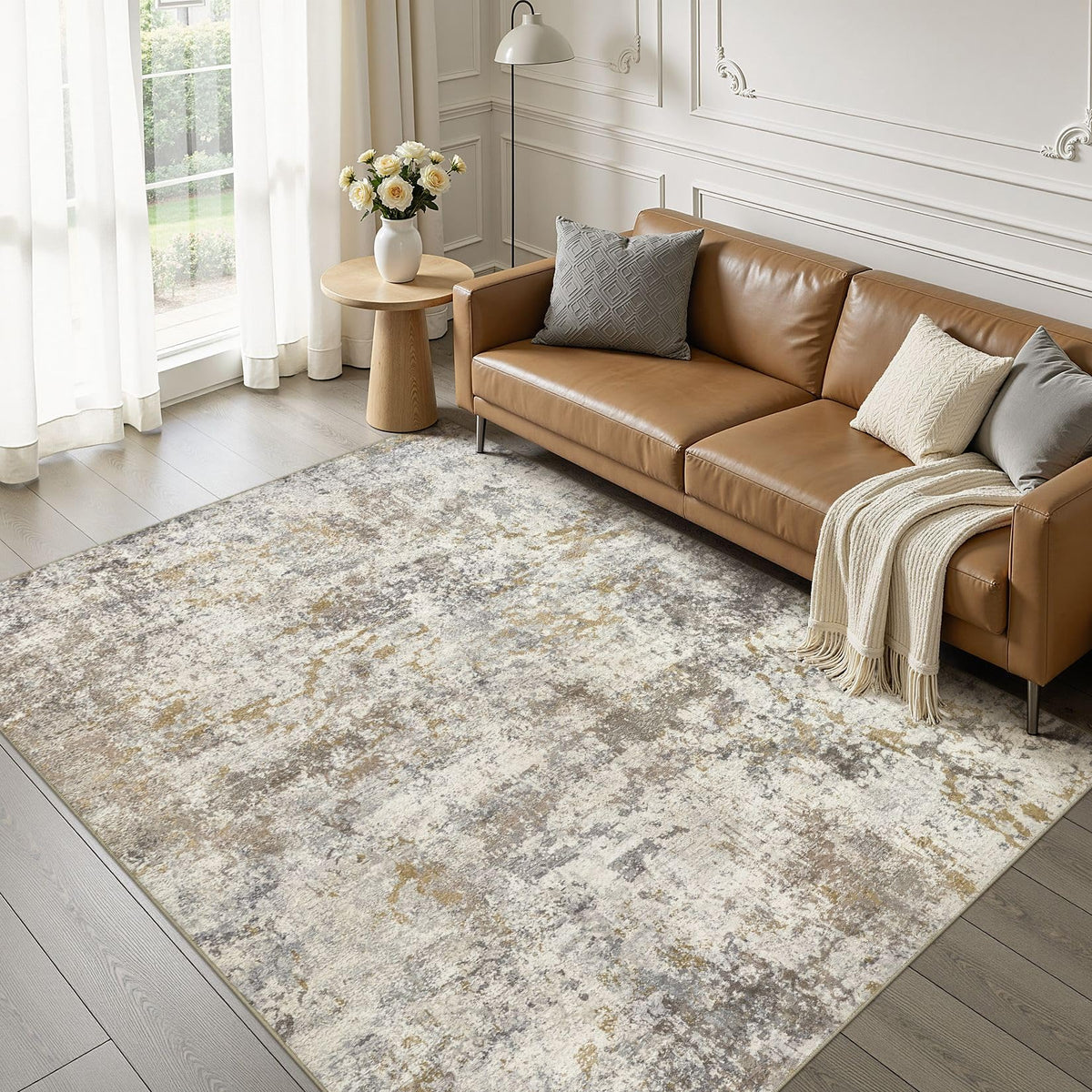 kakania 9x12 Washable Area Rug: Non Slip Soft Thin Carpet, Boho Geometric Modern Decor, Easy Clean Indoor Floor Large Rugs for Living Room Bedroom Kids Dorm Office Dining - Brown