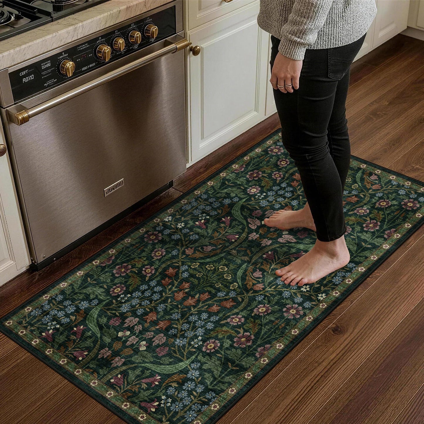 5x7 Washable Area Rug Green Boho Floral for Living Room Bedroom Nursery | Carpet for Dining Room, Soft Low-Pile Non-Slip Faux Wool, Farmhouse Indoor, Kid & Pet Friendly, Stain, Fade & Wear Resistant