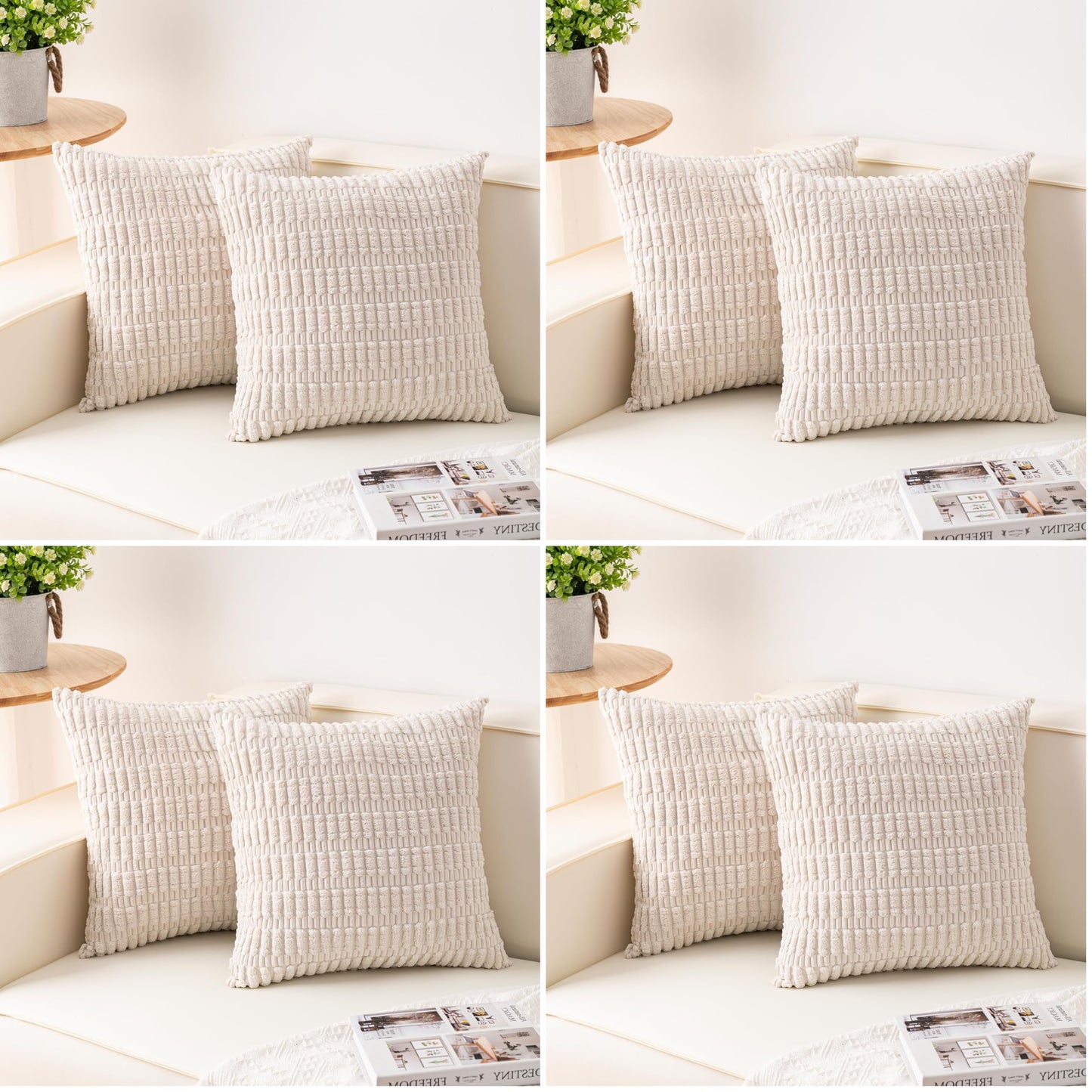 Pack of 2 Corduroy Decorative Throw Pillow Covers 18x18 Inch, Cream White | Fall Soft Striped Pillow Covers Modern Farmhouse Home Decor Christmas Throw Pillow Covers for Sofa Living Room Couch Bed ﻿