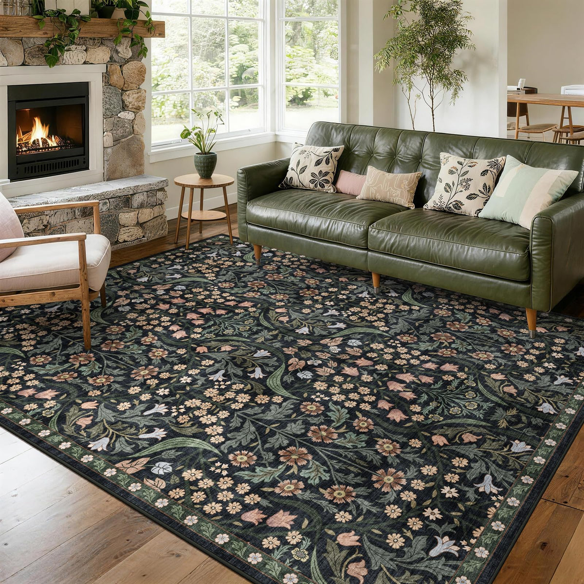 5x7 Washable Area Rug Green Boho Floral for Living Room Bedroom Nursery | Carpet for Dining Room, Soft Low-Pile Non-Slip Faux Wool, Farmhouse Indoor, Kid & Pet Friendly, Stain, Fade & Wear Resistant
