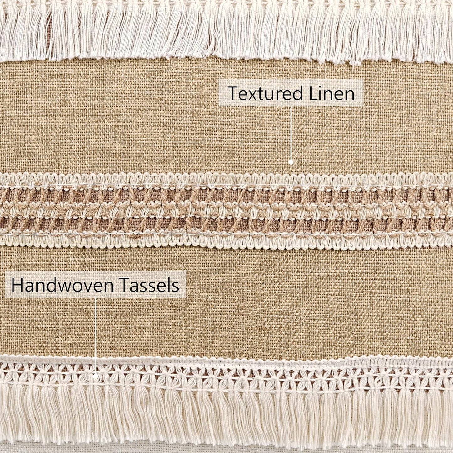 Boho Fringe Throw Pillow Covers 18x18 inch | Khaki and Cream Linen Cushion Covers,Stripe Hemp Lace Tassel Decorative, Neutral Farmhouse Pillow Covers for Couch Sofa