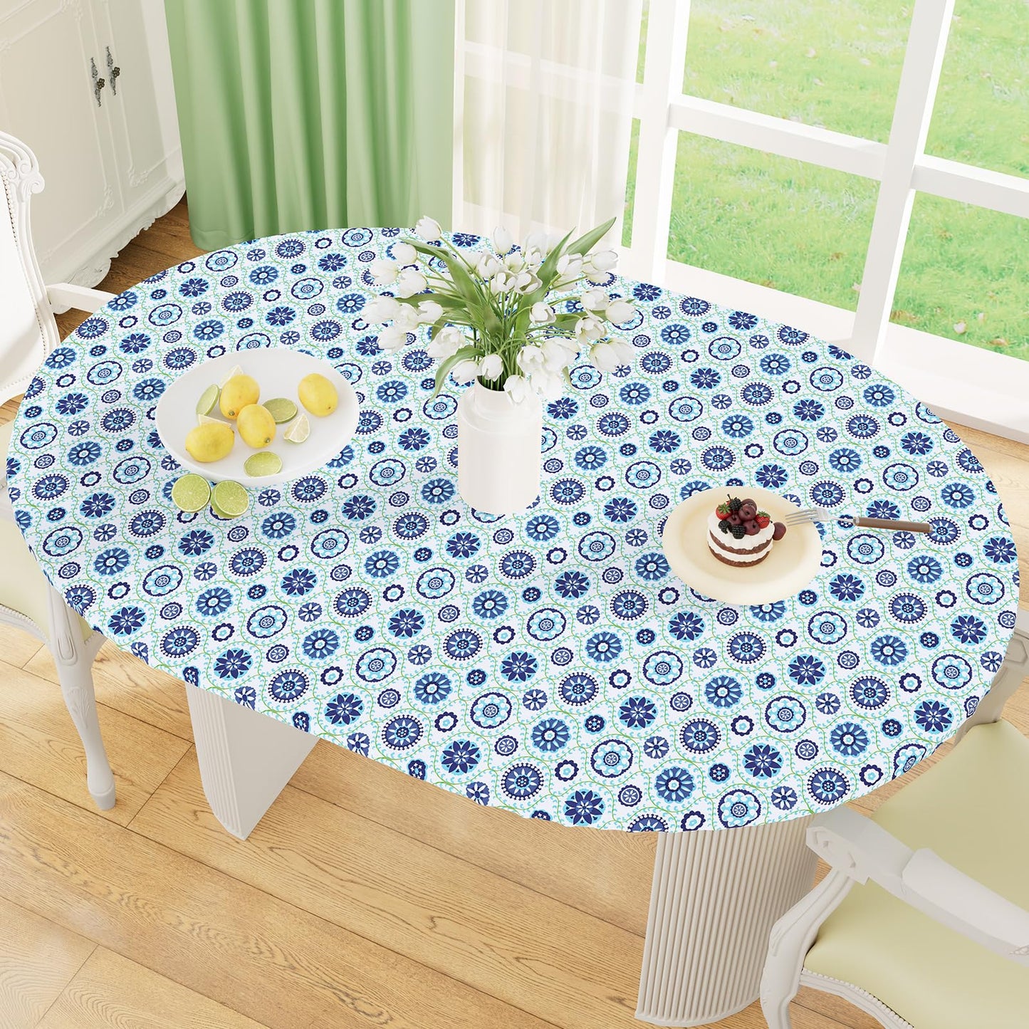 Round Fitted Tablecloth with Elastic Edge, 100% Waterproof Oil Proof Plastic Table Cover, Vinyl Flannel Backed Tablecloth Fits 36"-44" Round Tables for Dinner, Outdoor, Picnic, Oak Wooden Grain