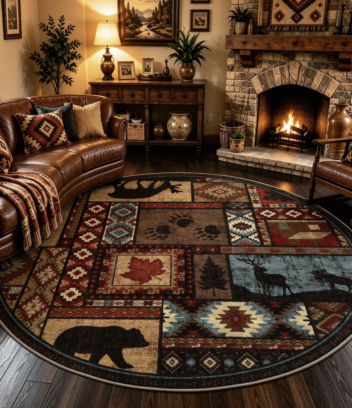 Rustic Cabin Area Rug 5x7,Machine Washable Lodge Bear Rug,Non-Slip Low Pile Print Pattern Southwestern Rug for Living Room Bedroom