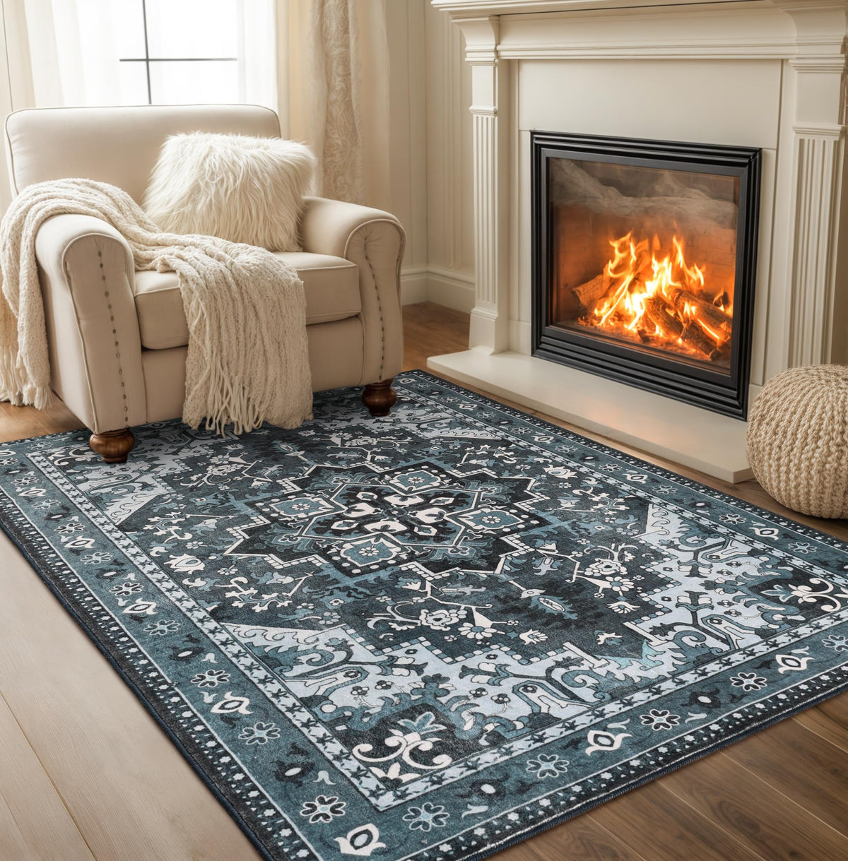Rugflix 8x10 Area Rugs for Living Room, Washable Large Rug Stain-Resistant Low Pile, Modern Dark Carpet for Dining Room Home Office Kid Room Nursery Bedroom, Navy Blue/Black