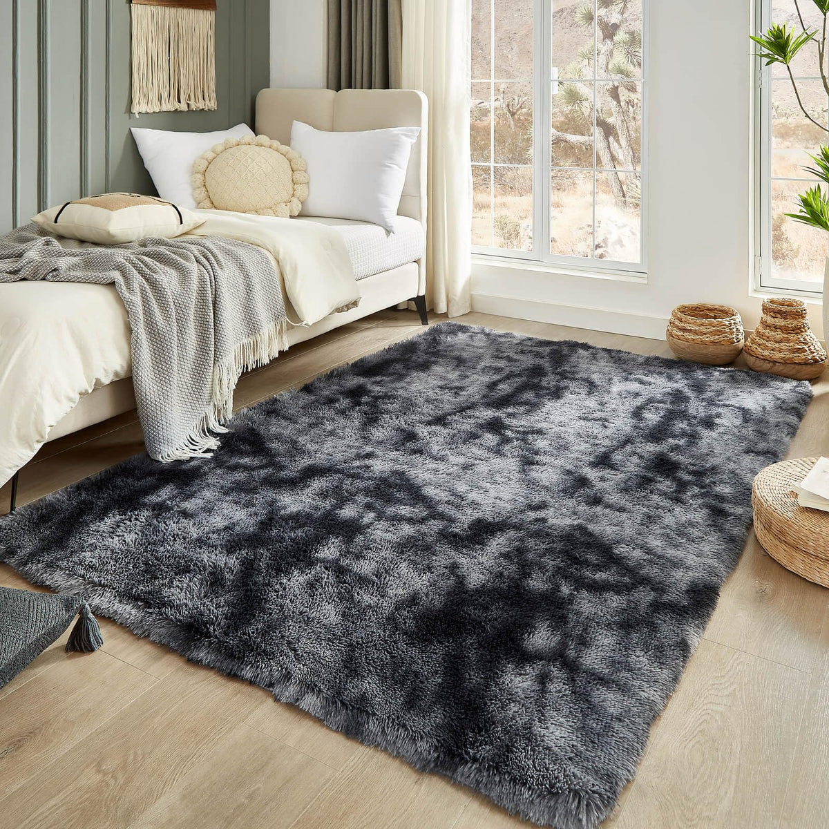 Floralux Rugs for Living Room, 6x9 Large Shag Area Rug, Tie-Dyed Light Grey Soft Fluffy Carpets for Bedroom