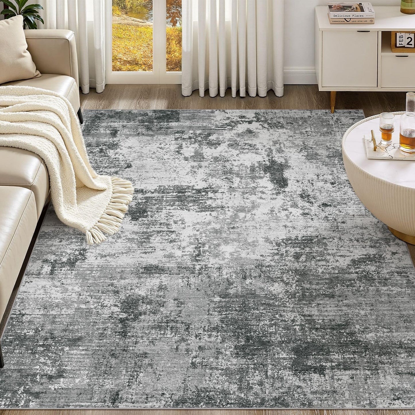 UERMEI 8x10 Area Rug Living Room Rugs - Washable Neutral Modern Abstract Soft Thin Large Rug Indoor Floor No Slip Rug Carpet for Bedroom Under Dining Table Home Office Decor - Brown Grey