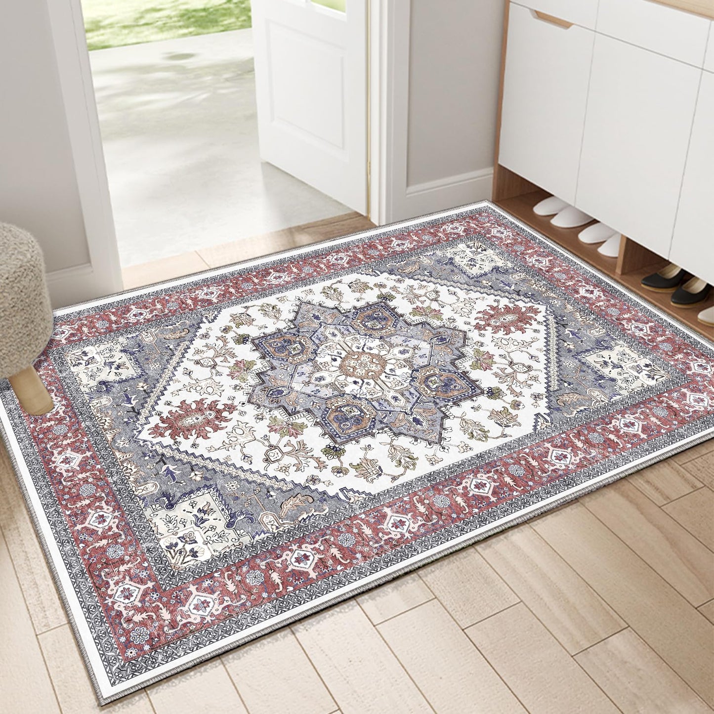 OPPODREAM Soft Area Rugs 5x7, Persian-Inspired Washable Rug, Blue & Gold | Low-Pile Faux Cashmere Surface, TPR Non-Slip Backing, 5 x 7 Carpet for Bedroom, Office, Dorm, Dining Room