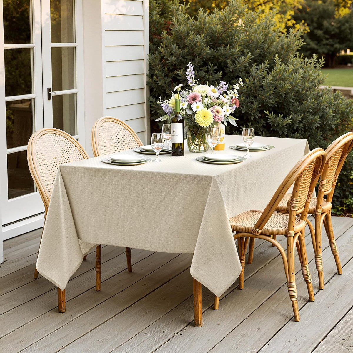 MIULEE Natural Beige Linen Cotton Table Cloth Rectangle Tablecloth Spring Waterproof Spillproof Cross-Star Textured Table Cloth Decorative Farmhouse Style for Dining Party Weddings 52x70 Inch