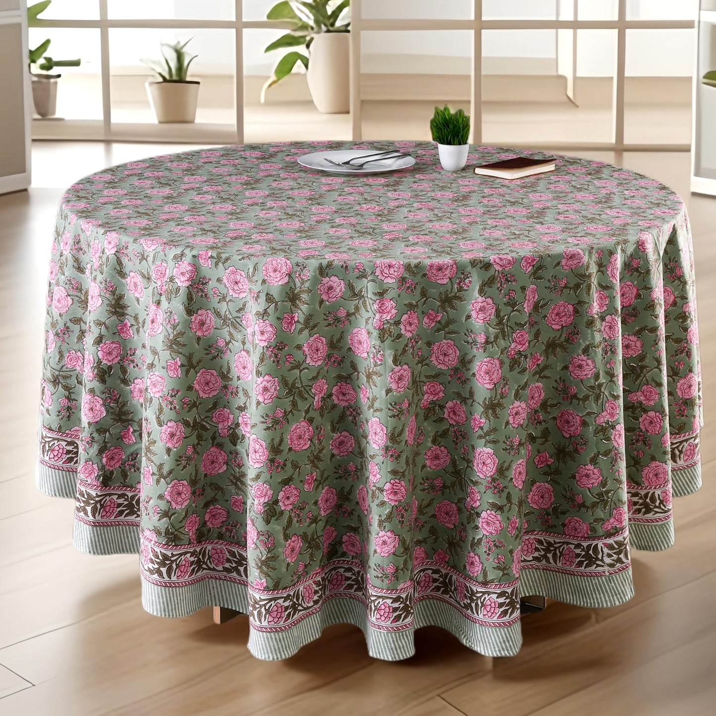 CPC Apatite Blue Block Print Cotton Handmade Round Tablecloth 110 Inch Decorative Table Cover for Home Decor, Dinning, Festive, Wedding, Farmhouse Gift for Spring, Mother's Day