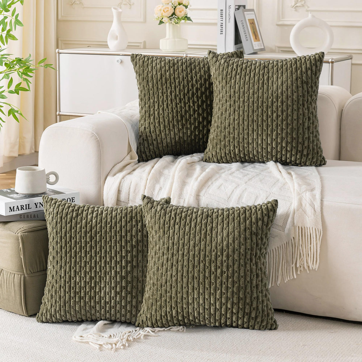 Set of 4 Neutral Decorative Throw Pillow Covers 18x18 Inch Corduroy Pillow Covers for Bed Couch Sofa Living Room Soft Square Cushion Cases