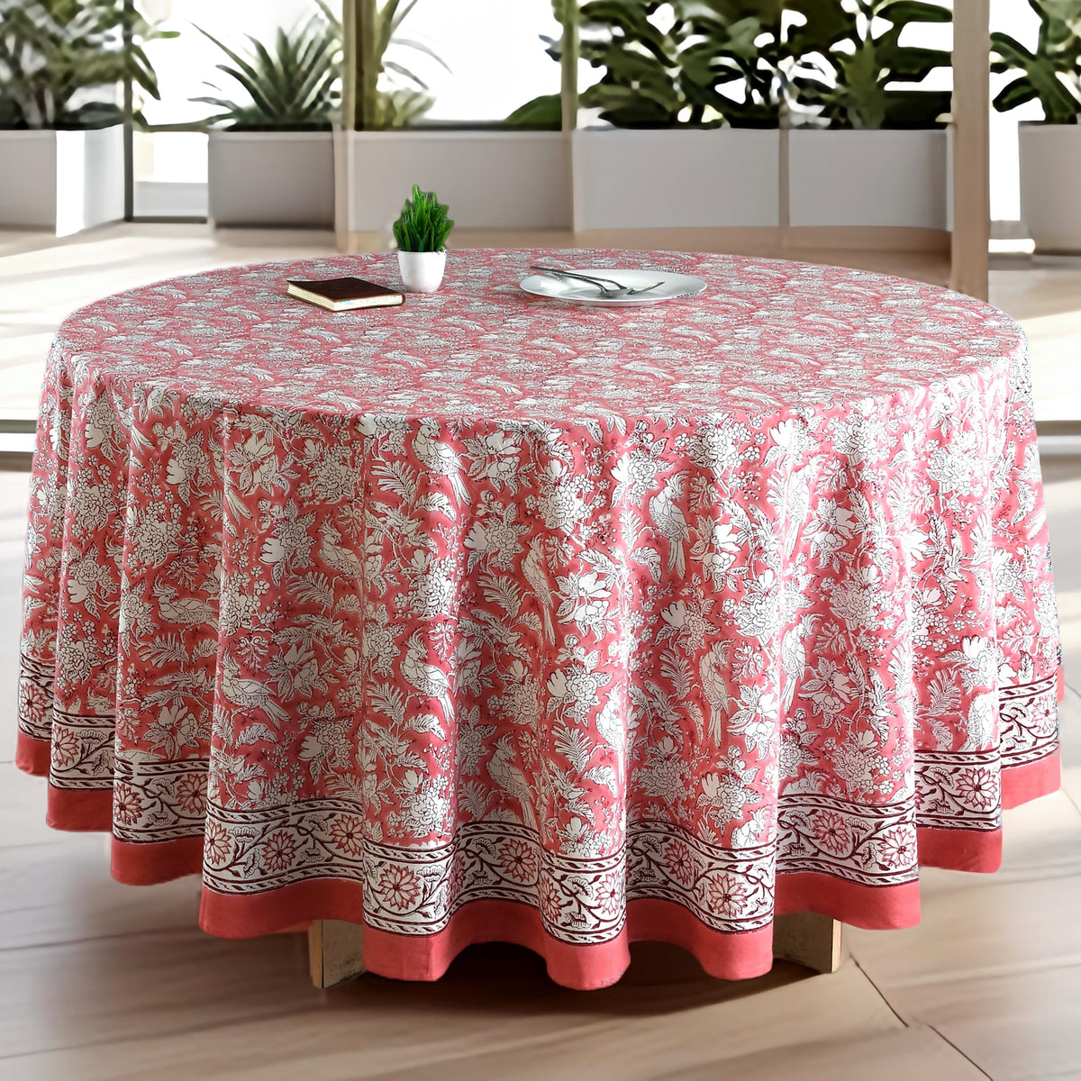 CPC Apatite Blue Block Print Cotton Handmade Round Tablecloth 110 Inch Decorative Table Cover for Home Decor, Dinning, Festive, Wedding, Farmhouse Gift for Spring, Mother's Day