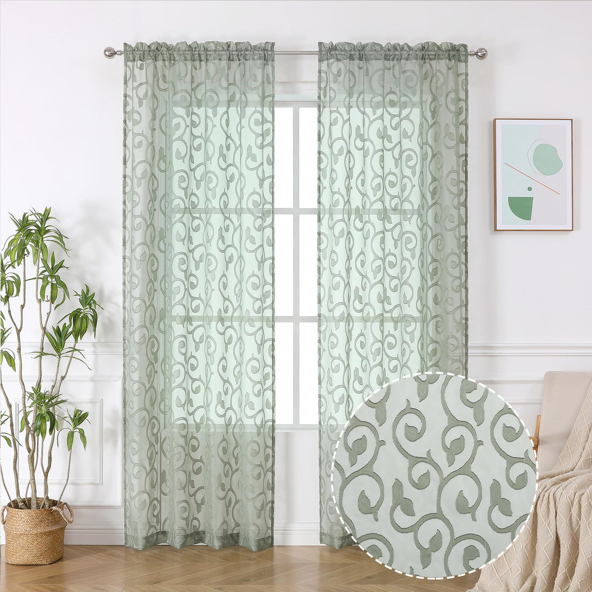 Furman Ivory Sheer Curtains 84 inches Long for Bedroom Living Room 2 Panels Set, Jacquard Clip Light Filtering Semi Sheer Curtain Rod Pocket Window Drapes, 2 Pcs Each 40 W 84 L