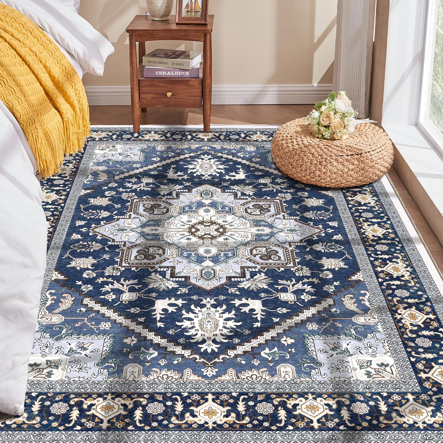 OPPODREAM Soft Area Rugs 5x7, Persian-Inspired Washable Rug, Blue & Gold | Low-Pile Faux Cashmere Surface, TPR Non-Slip Backing, 5 x 7 Carpet for Bedroom, Office, Dorm, Dining Room
