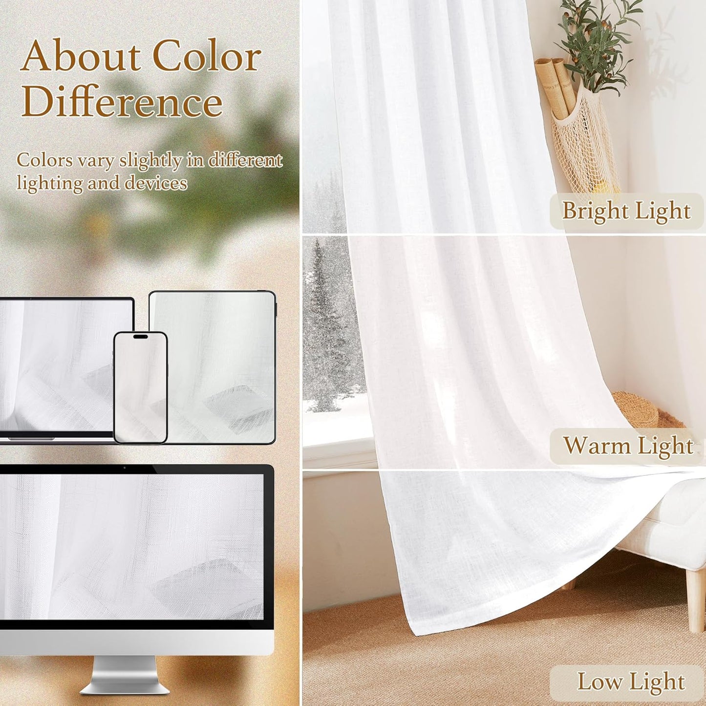 RYB HOME White Semi Sheer Curtains 84 inches Long for Living Room | Half Privacy, Linen Textured, Sheer Light Filtering, Vertical Window Drapes, for Bedroom Dining, White, W52 x L84, 2 Panels