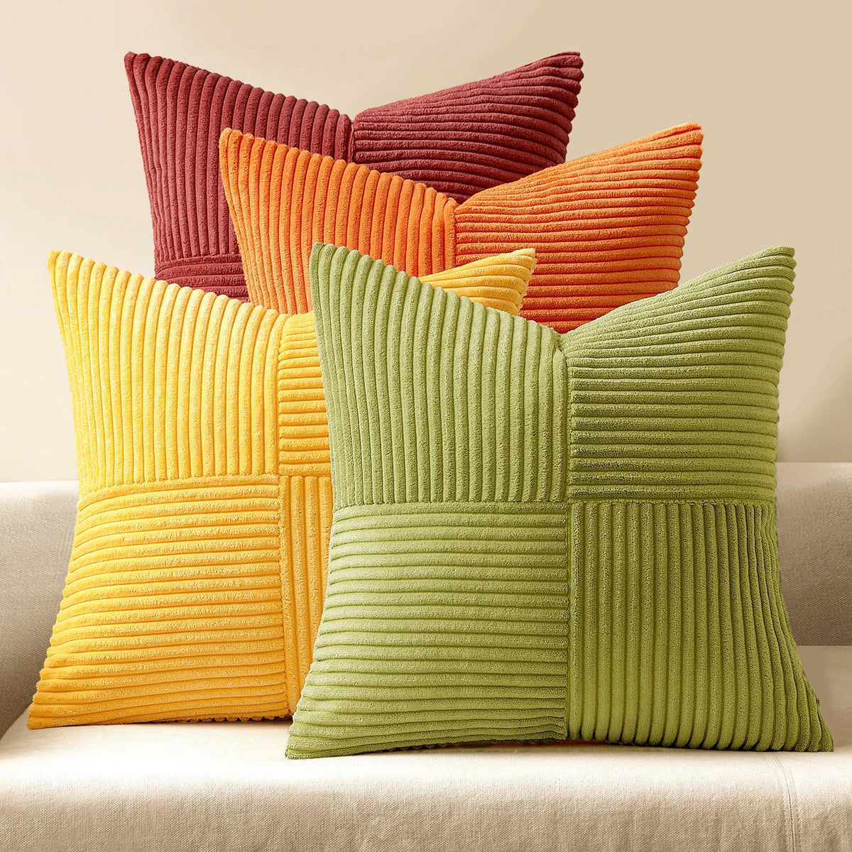 MIULEE Fall Teal Orange Decorative Throw Pillow Covers 18x18 Inch Set of 4 Boho Corduroy Striped Cushion Cases Modern Farmhouse Patchwork Pillow Cases for Couch Sofa Bedroom Home Decor