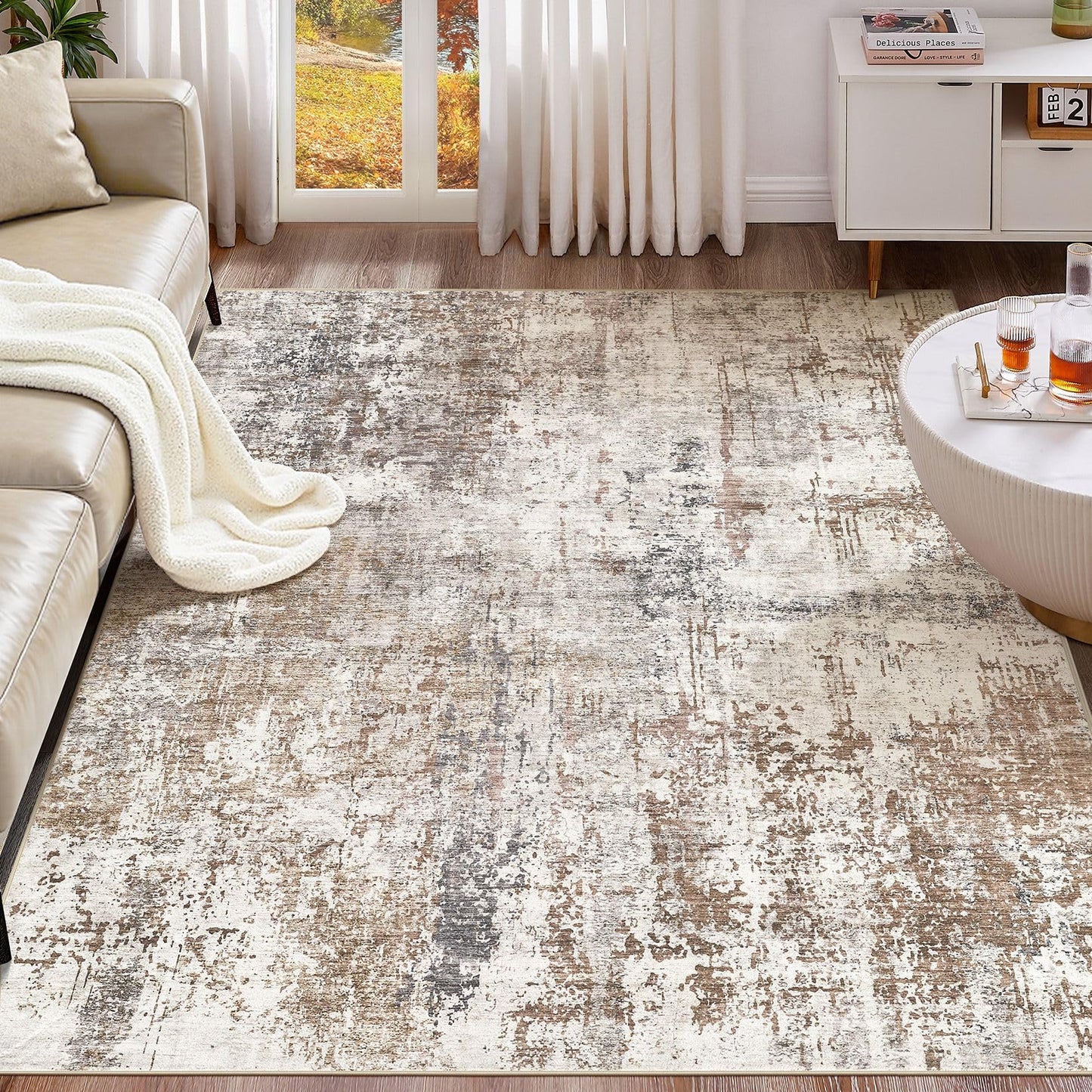 UERMEI 8x10 Area Rug Living Room Rugs - Washable Neutral Modern Abstract Soft Thin Large Rug Indoor Floor No Slip Rug Carpet for Bedroom Under Dining Table Home Office Decor - Brown Grey