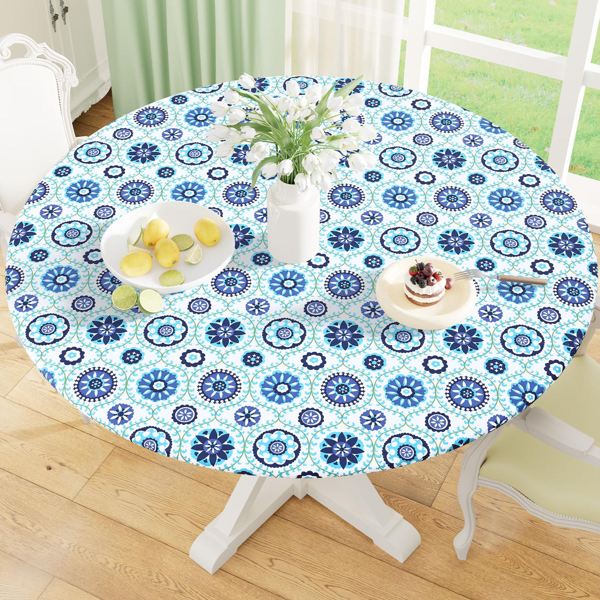 Round Fitted Tablecloth with Elastic Edge, 100% Waterproof Oil Proof Plastic Table Cover, Vinyl Flannel Backed Tablecloth Fits 36"-44" Round Tables for Dinner, Outdoor, Picnic, Oak Wooden Grain