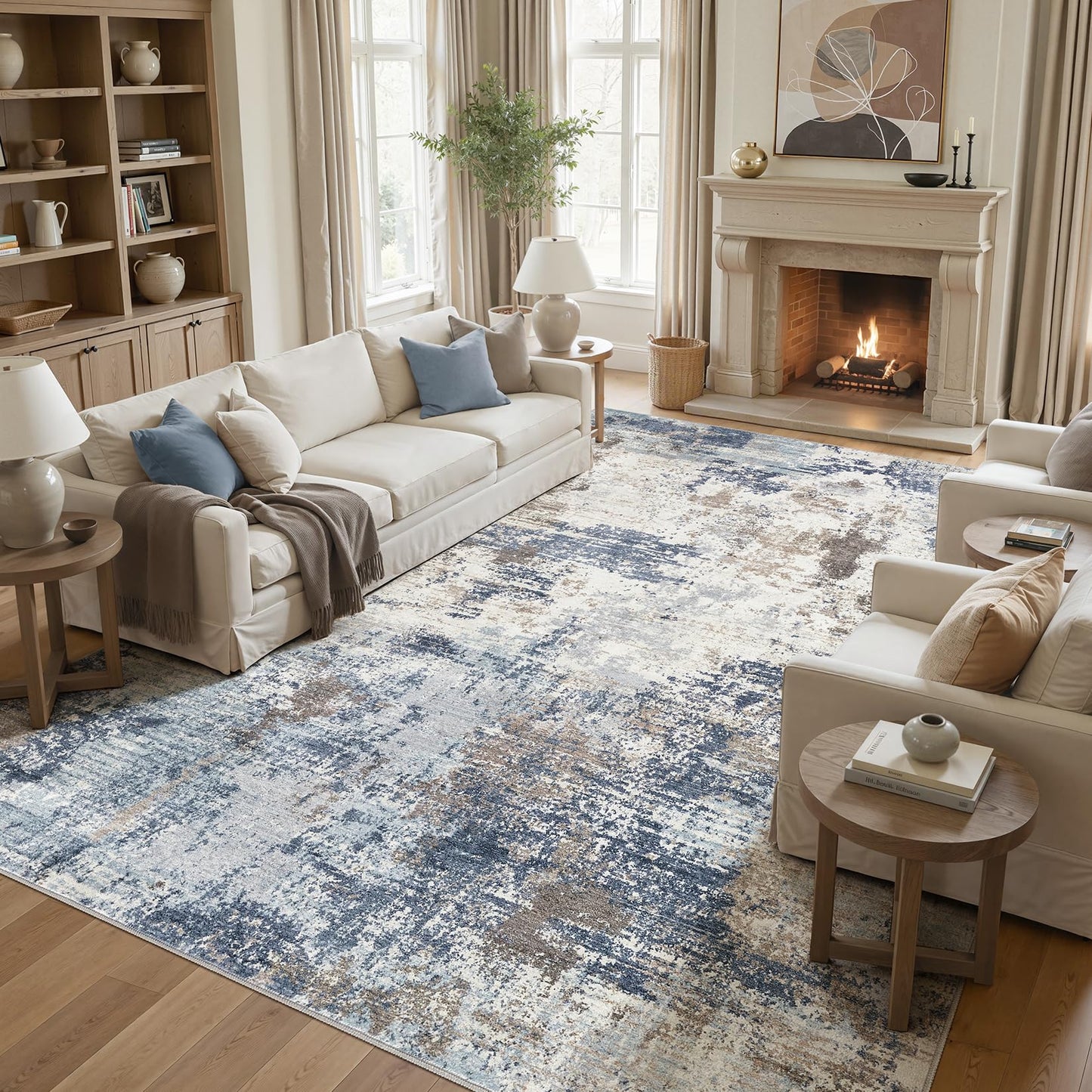 UERMEI 9x12 Area Rug Living Room Rugs - Washable Neutral Modern Abstract Soft Thin Large Rug Indoor Floor No Slip Rug Carpet for Bedroom Under Dining Table Home Office Decor - Brown Grey