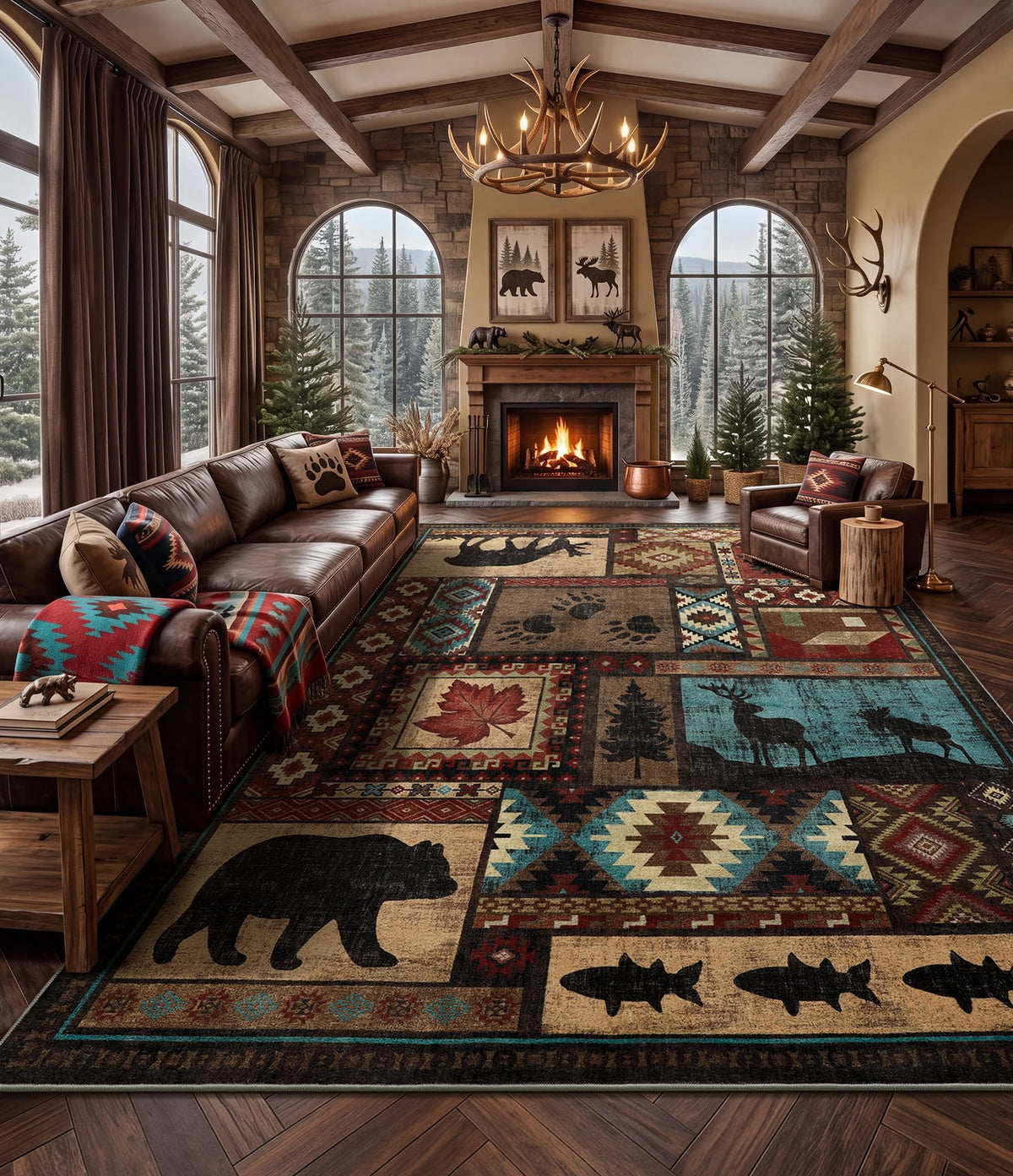 Rustic Cabin Area Rug 5x7,Machine Washable Lodge Bear Rug,Non-Slip Low Pile Print Pattern Southwestern Rug for Living Room Bedroom