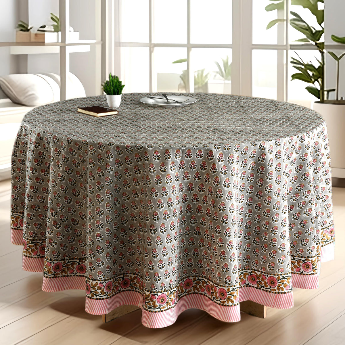 CPC Apatite Blue Block Print Cotton Handmade Round Tablecloth 110 Inch Decorative Table Cover for Home Decor, Dinning, Festive, Wedding, Farmhouse Gift for Spring, Mother's Day