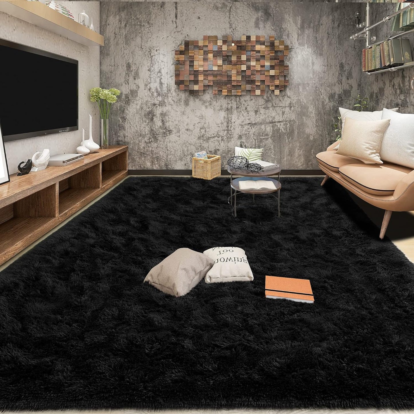 Area Rugs 9x12 for Living Room, Super Soft Fluffy Rugs for Bedroom | Modern Shaggy Rug Fuzzy Carpets for Kids, Plush Indoor Nursery Home Decor Rug with Non-Slip Bottom, Black