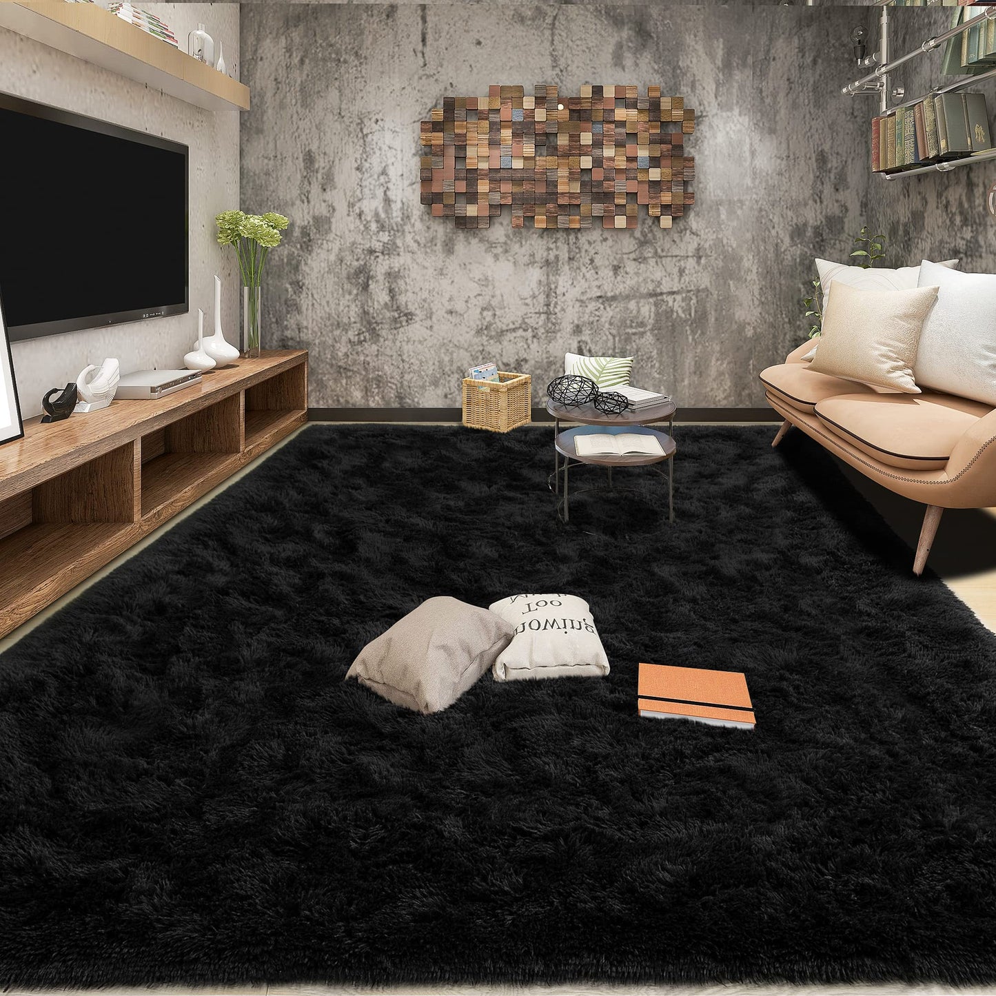 Area Rugs 9x12 for Living Room, Super Soft Fluffy Rugs for Bedroom | Modern Shaggy Rug Fuzzy Carpets for Kids, Plush Indoor Nursery Home Decor Rug with Non-Slip Bottom, Black