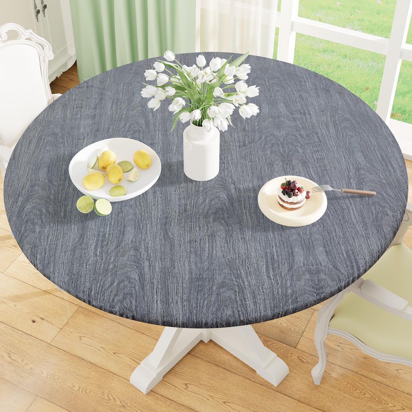 Round Fitted Tablecloth with Elastic Edge, 100% Waterproof Oil Proof Plastic Table Cover, Vinyl Flannel Backed Tablecloth Fits 36"-44" Round Tables for Dinner, Outdoor, Picnic, Oak Wooden Grain