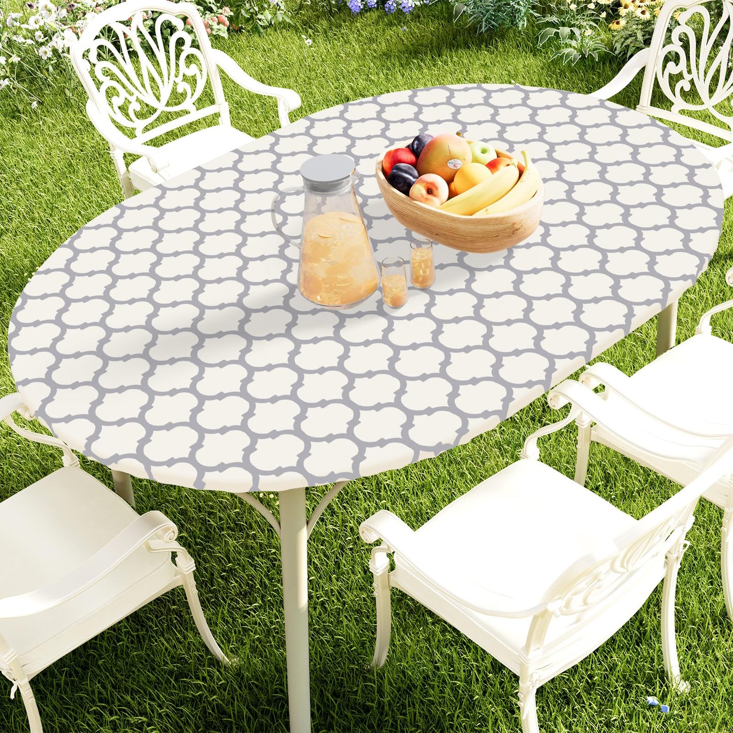 Smiry Round Picnic Tablecloth, Waterproof Elastic Fitted Table Covers for 45" - 56" Tables, Wipeable Flannel Backed Vinyl Tablecloths for Camping, Indoor, Outdoor, Grey & White