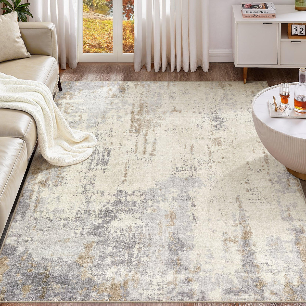UERMEI 8x10 Area Rug Living Room Rugs - Washable Neutral Modern Abstract Soft Thin Large Rug Indoor Floor No Slip Rug Carpet for Bedroom Under Dining Table Home Office Decor - Brown Grey