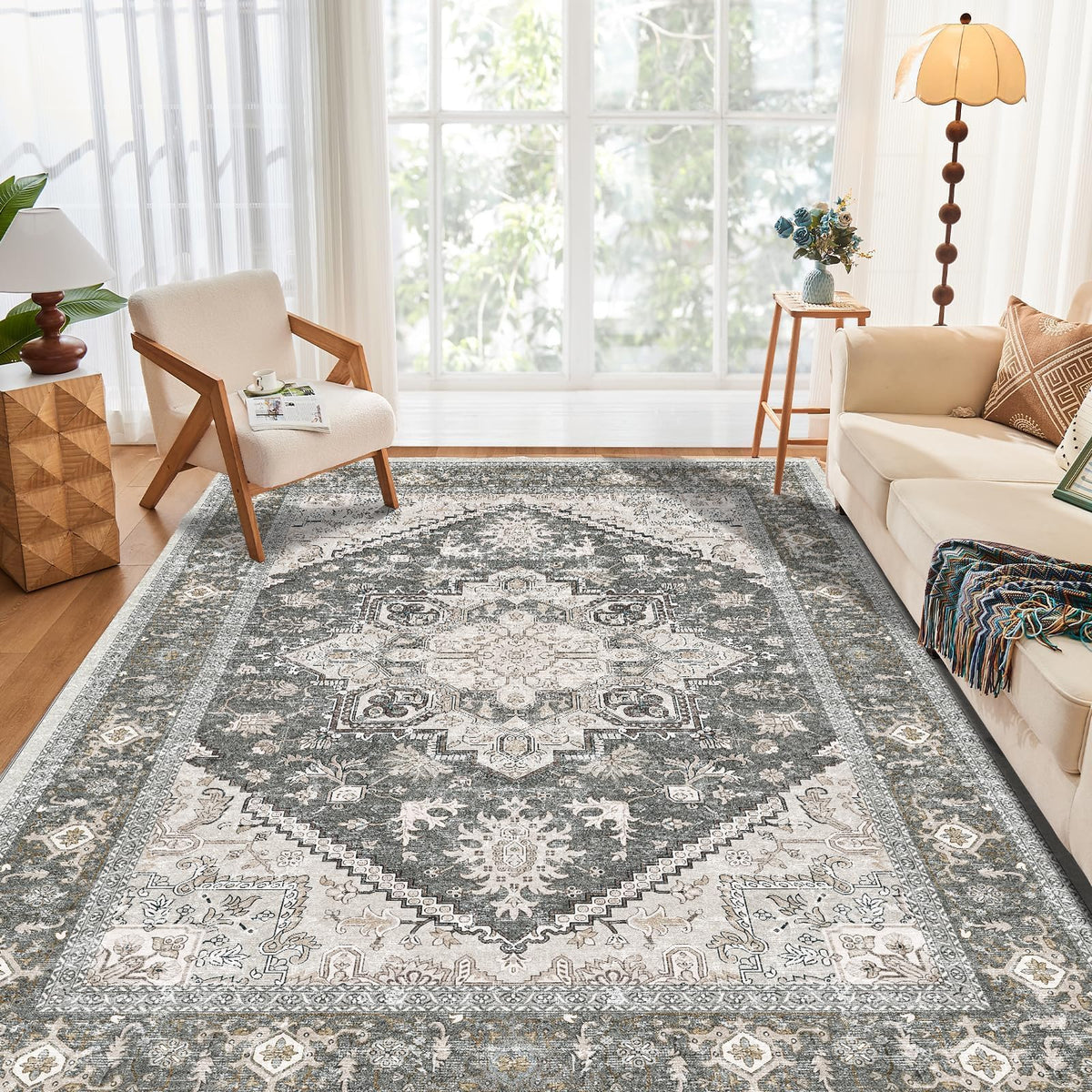 OPPODREAM Soft Area Rugs 5x7, Persian-Inspired Washable Rug, Blue & Gold | Low-Pile Faux Cashmere Surface, TPR Non-Slip Backing, 5 x 7 Carpet for Bedroom, Office, Dorm, Dining Room
