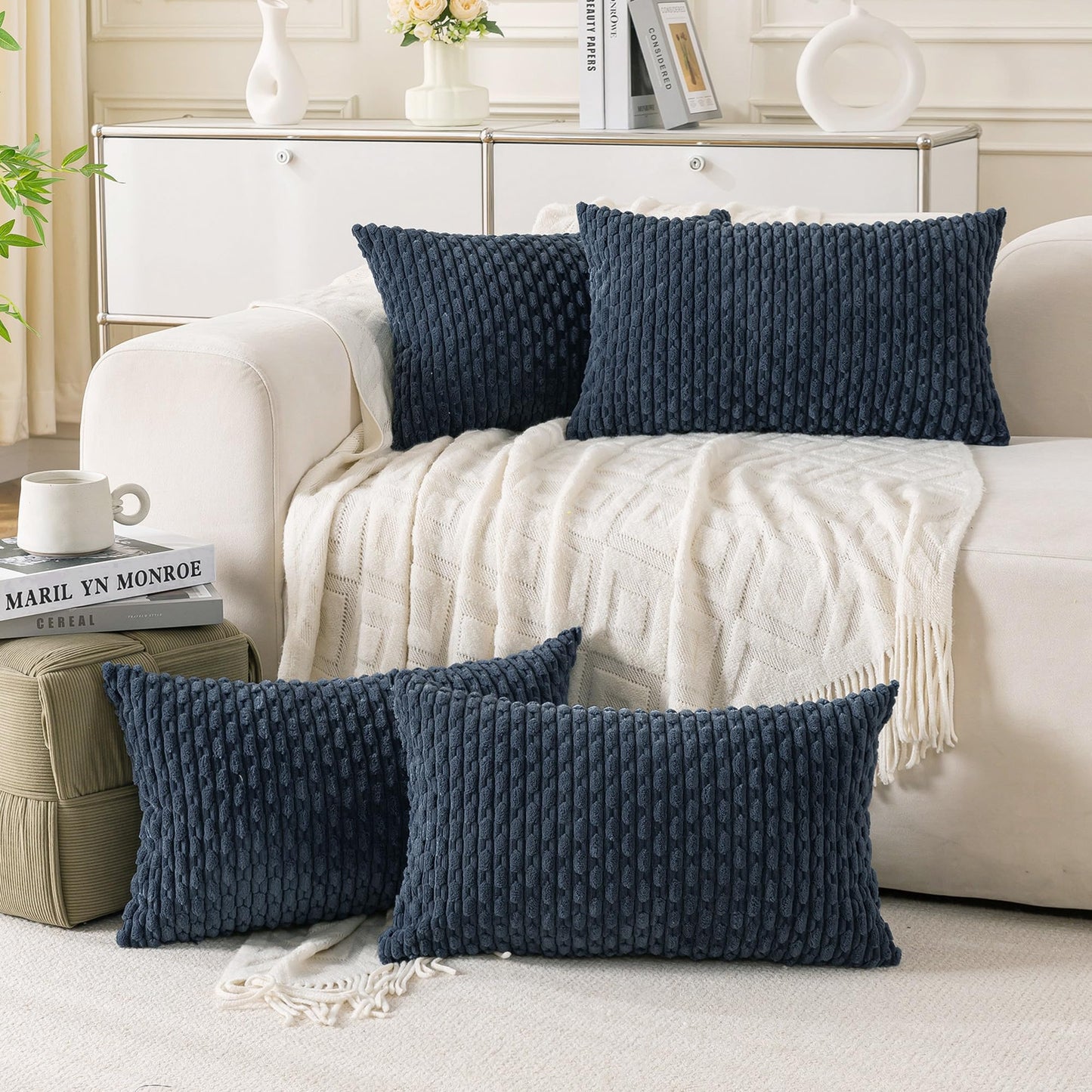 Set of 4 Neutral Decorative Throw Pillow Covers 18x18 Inch Corduroy Pillow Covers for Bed Couch Sofa Living Room Soft Square Cushion Cases