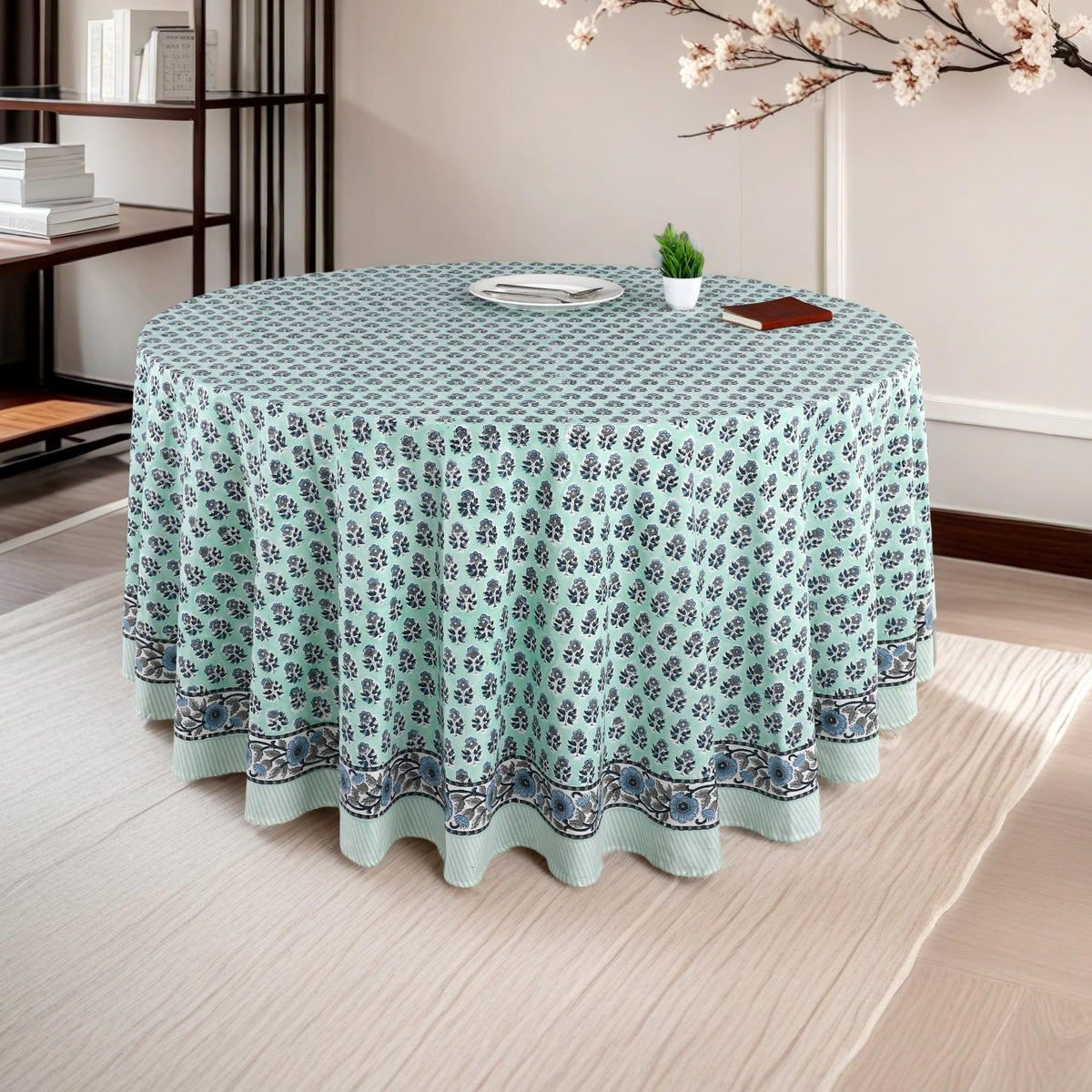 CPC Apatite Blue Block Print Cotton Handmade Round Tablecloth 110 Inch Decorative Table Cover for Home Decor, Dinning, Festive, Wedding, Farmhouse Gift for Spring, Mother's Day