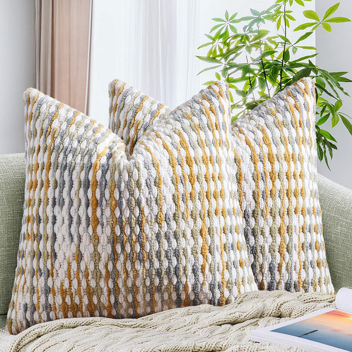 Set of 2 Boho Chenille Pillow Cover Decorative Tufted Pillowcase for Couch Bed Sofa Bedroom Living Room Modern 18 x 18-Inch Brown