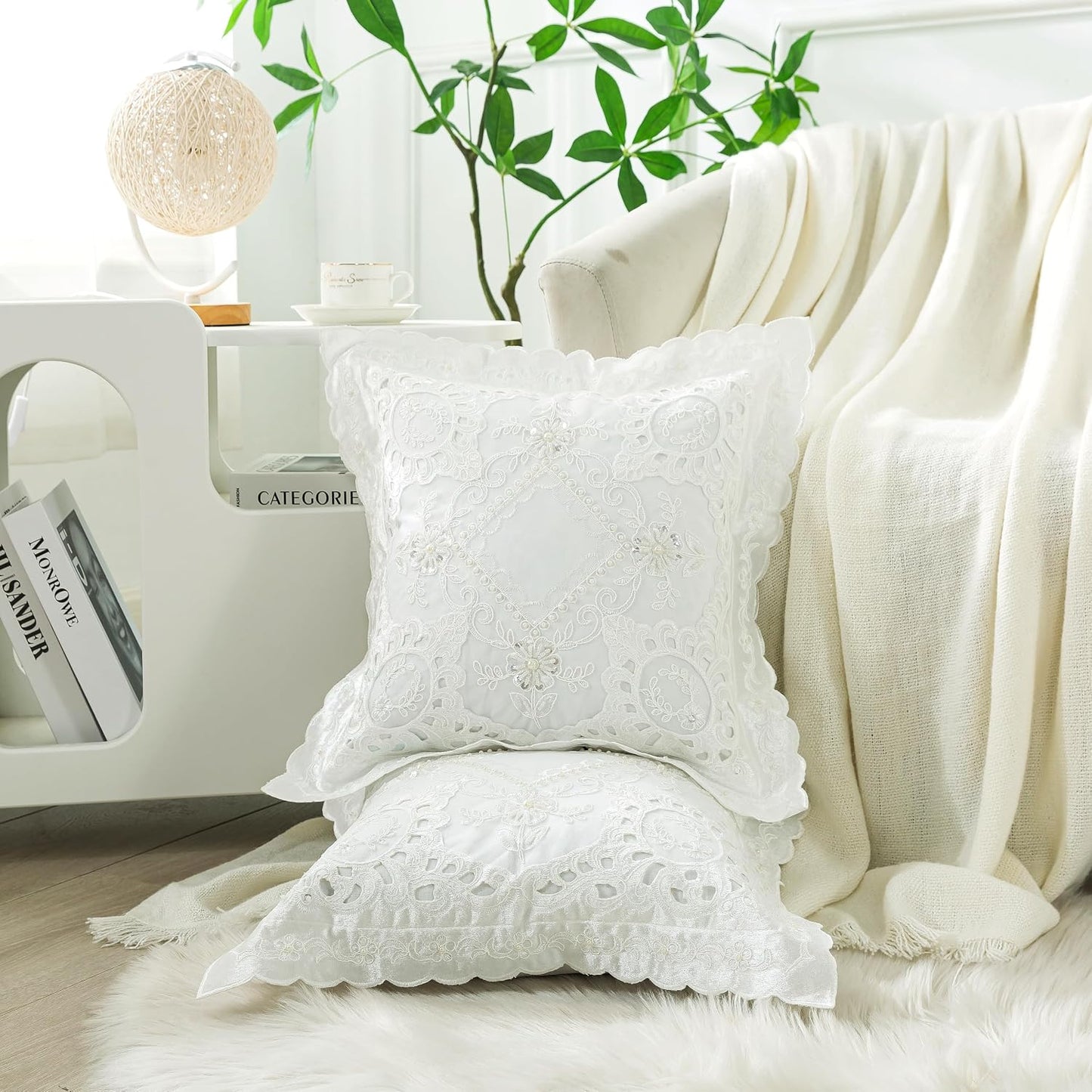 White Embroidery Throw Pillow Cover with Floral Hand Beaded 16"x16", 1 Pack | Handmade Cushion Cover, Wedding Pillowcases, Cotton Blending Silk