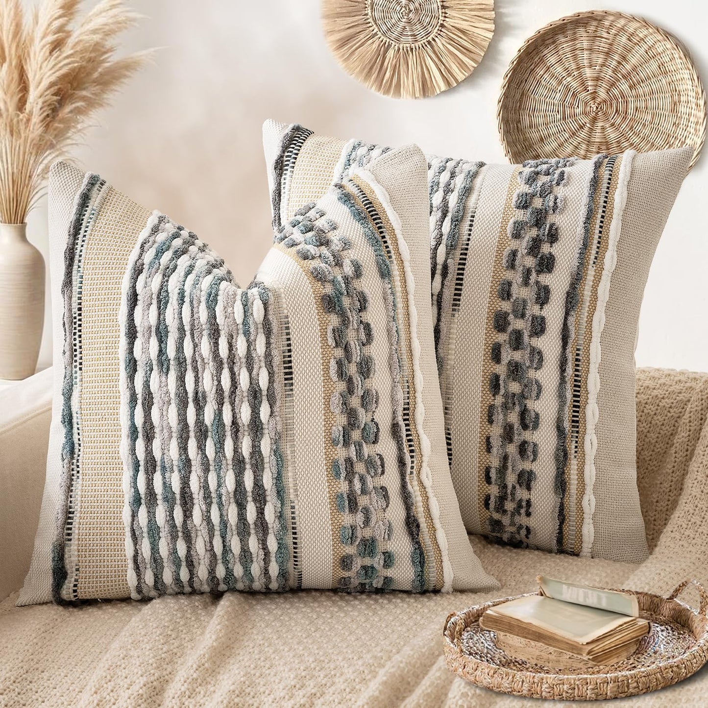 ANRODUO Boho Decorative Pillow Covers Olive Green Stripe 18x18 Pack of 2 | Throw Pillow Covers, Farmhouse Cushion Case, Chenille Pillow Cases, Pillow Covers, Accent Neutral Pillowcase for Couch Bed